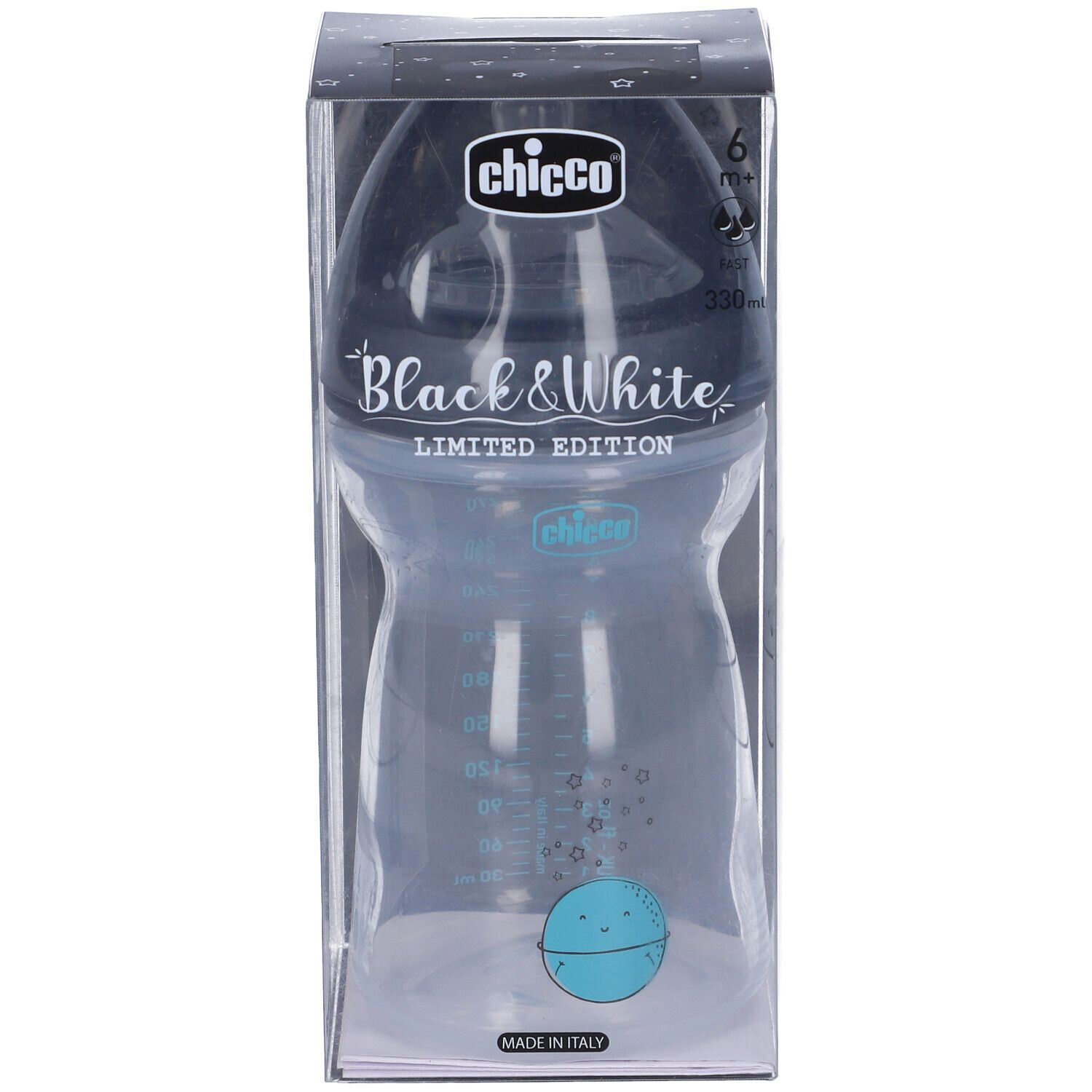 Biberon in confezione. Design bianco e nero. Marchio Chicco. Scritta: Black & White Limited Edition. 330ml.