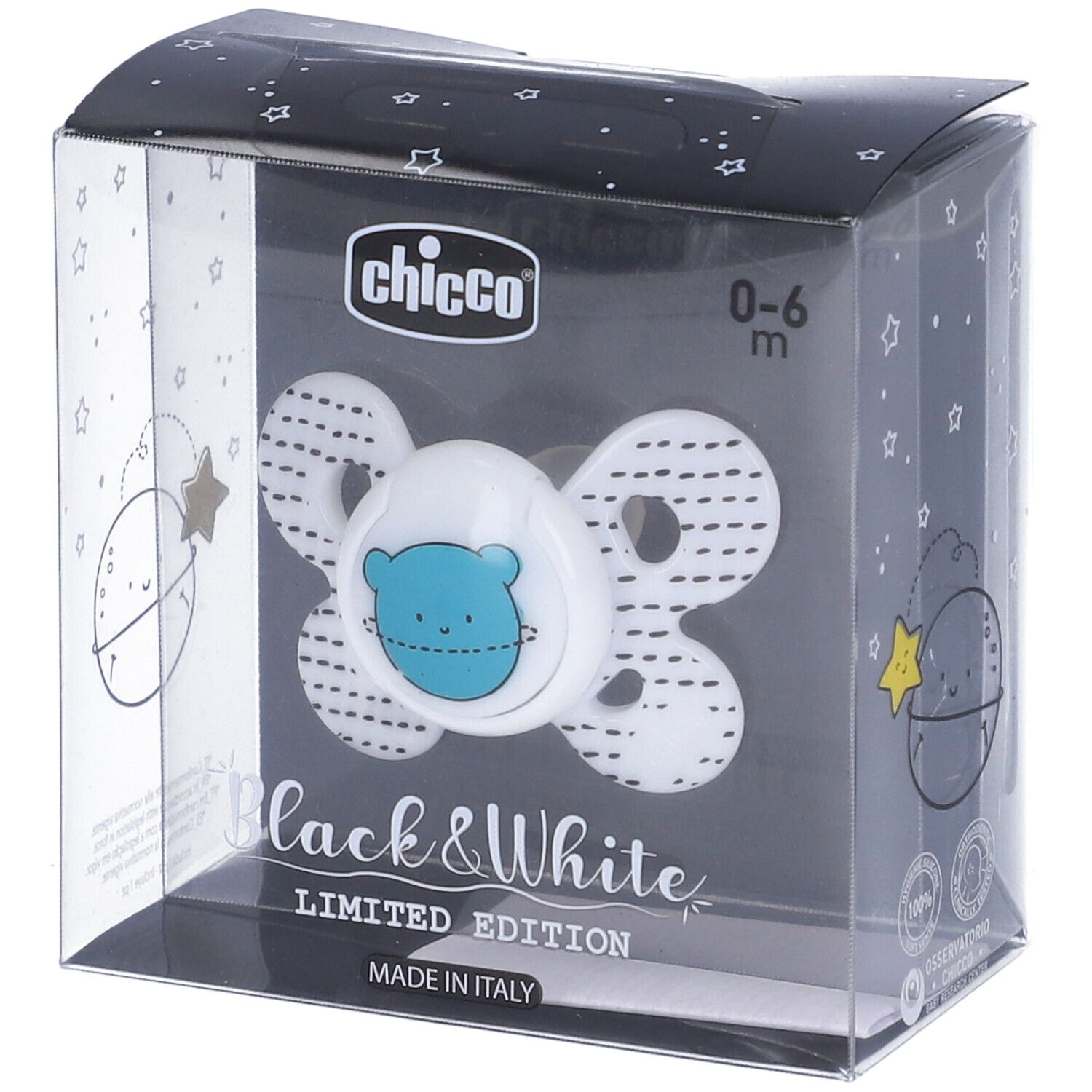 Succhietto Chicco in confezione. Design bianco e nero con orsetto. Età: 0-6 mesi. Prodotto in Italia.