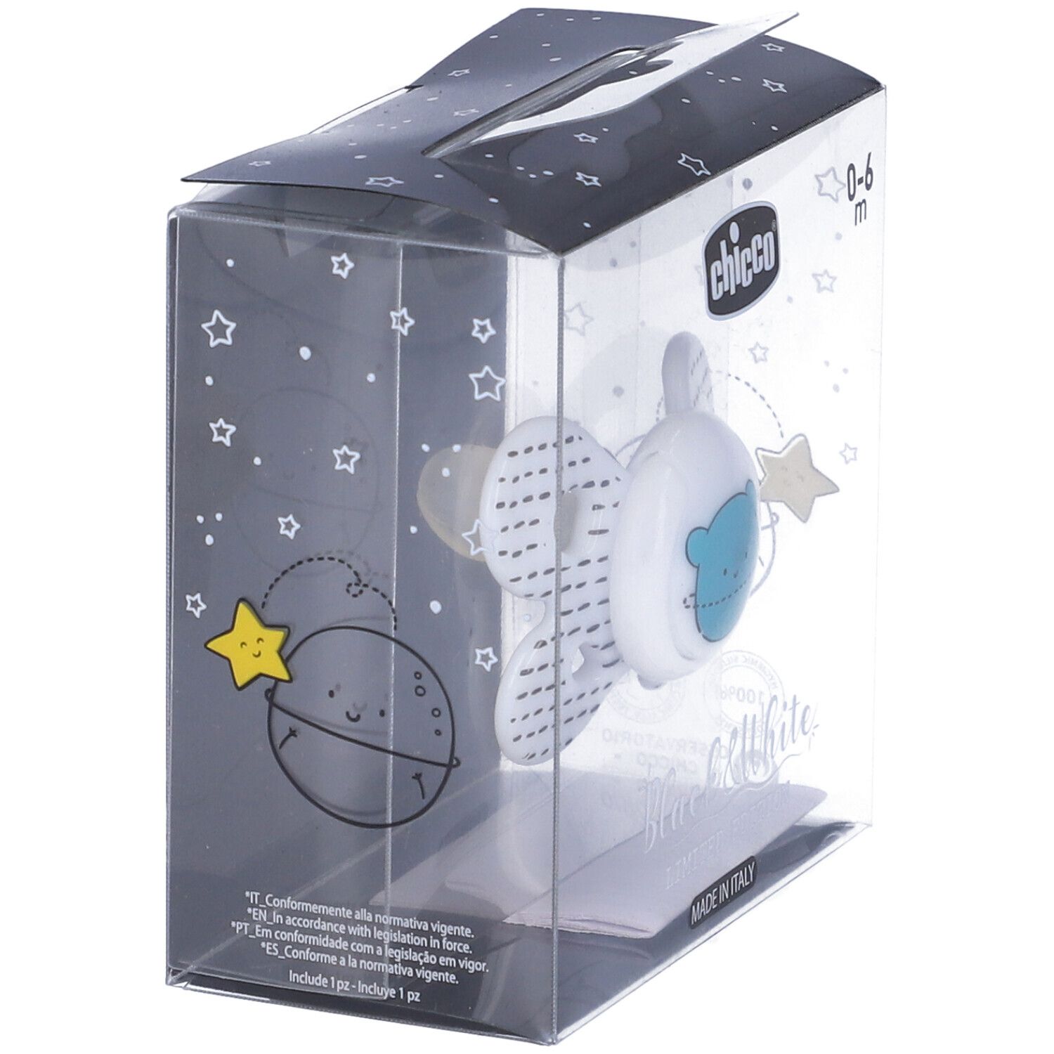 Succhietto Chicco in confezione. Design bianco e nero con orsetto. Età: 0-6 mesi. Prodotto in Italia.