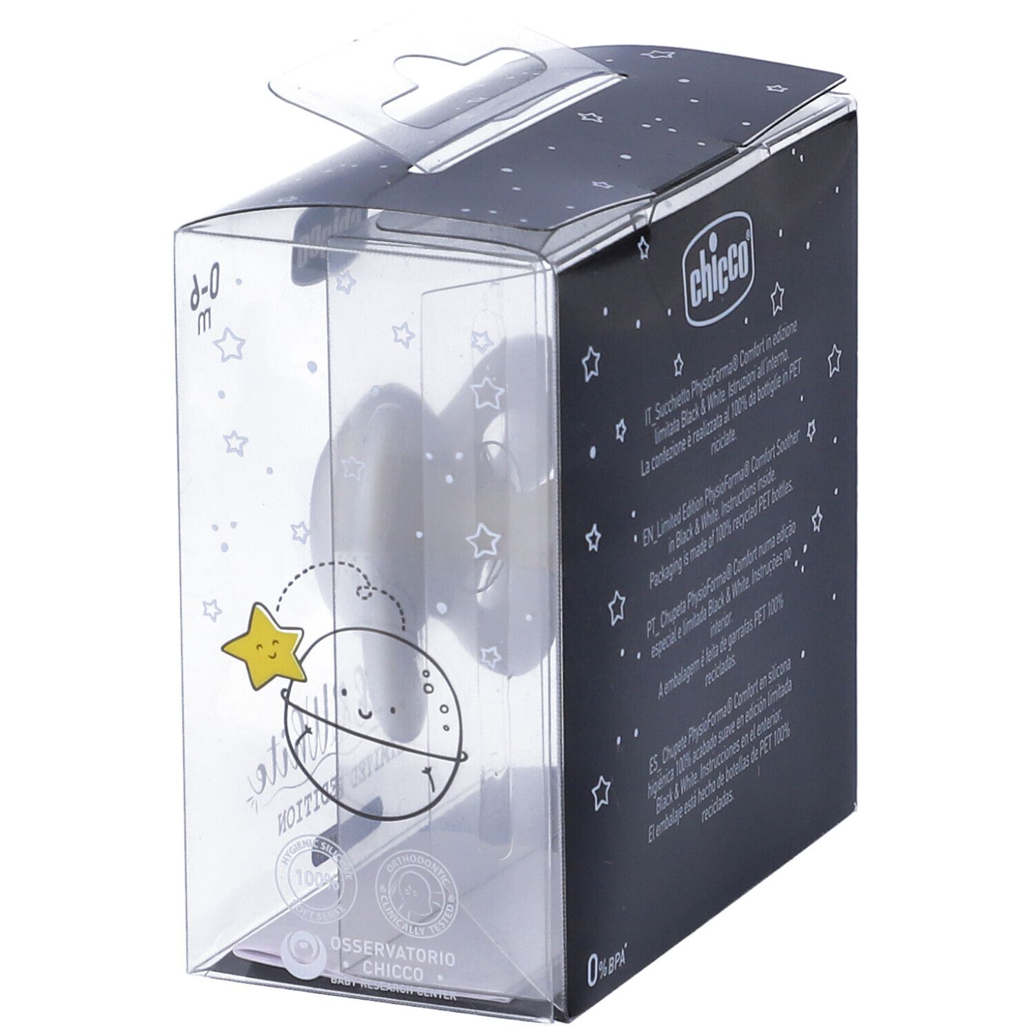 Succhietto Chicco in confezione. Design bianco e nero con orsetto. Età: 0-6 mesi. Prodotto in Italia.