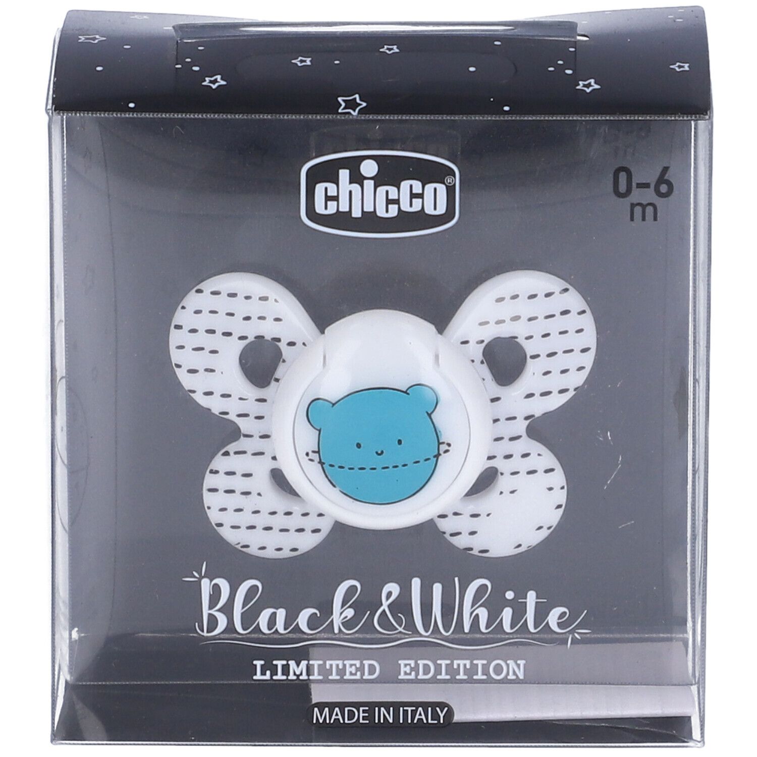 Succhietto Chicco in confezione. Design bianco e nero con orsetto. Età: 0-6 mesi. Prodotto in Italia.