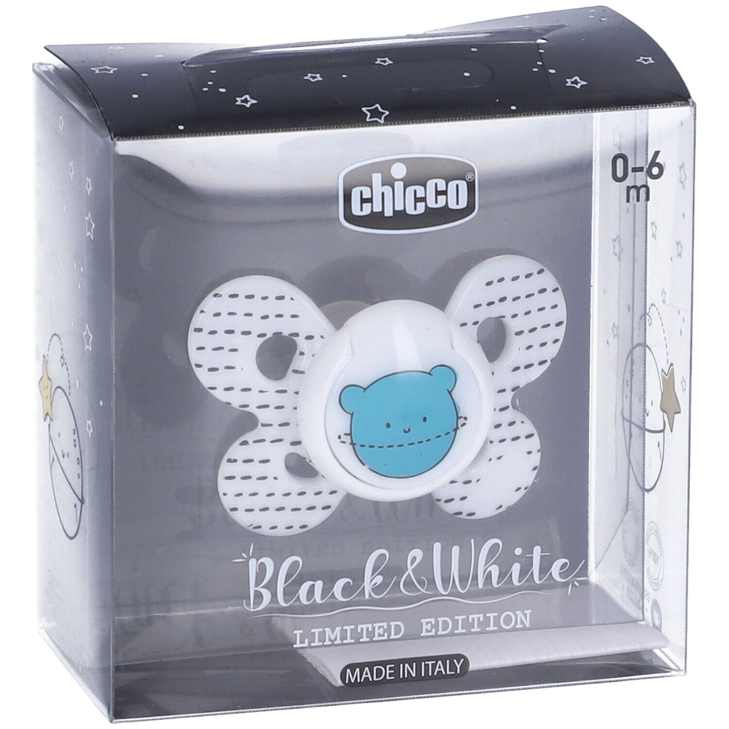 Succhietto Chicco in confezione. Design bianco e nero con orsetto. Età: 0-6 mesi. Prodotto in Italia.