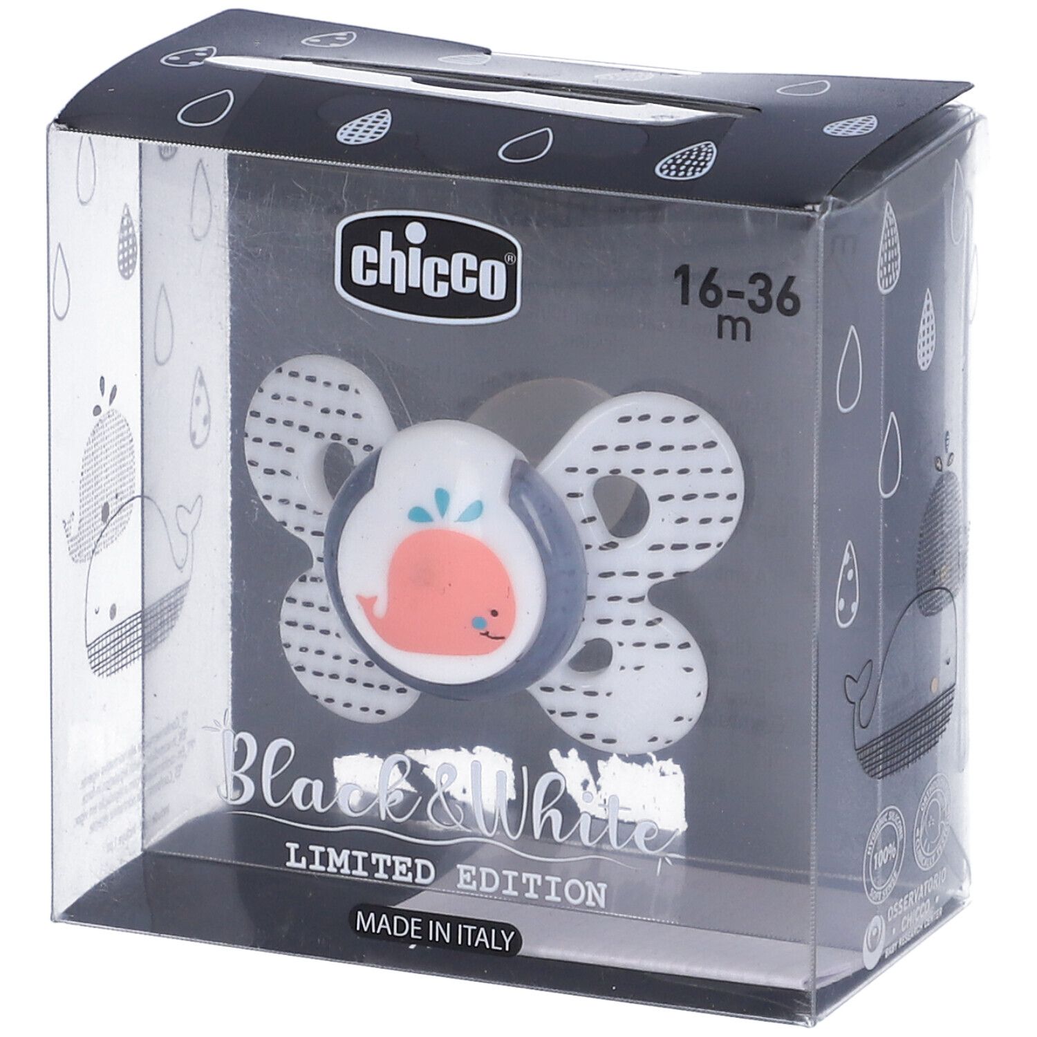 Succhietto in confezione. Design bianco e nero con balena. Marca Chicco, età 16-36 mesi. Edizione limitata.
