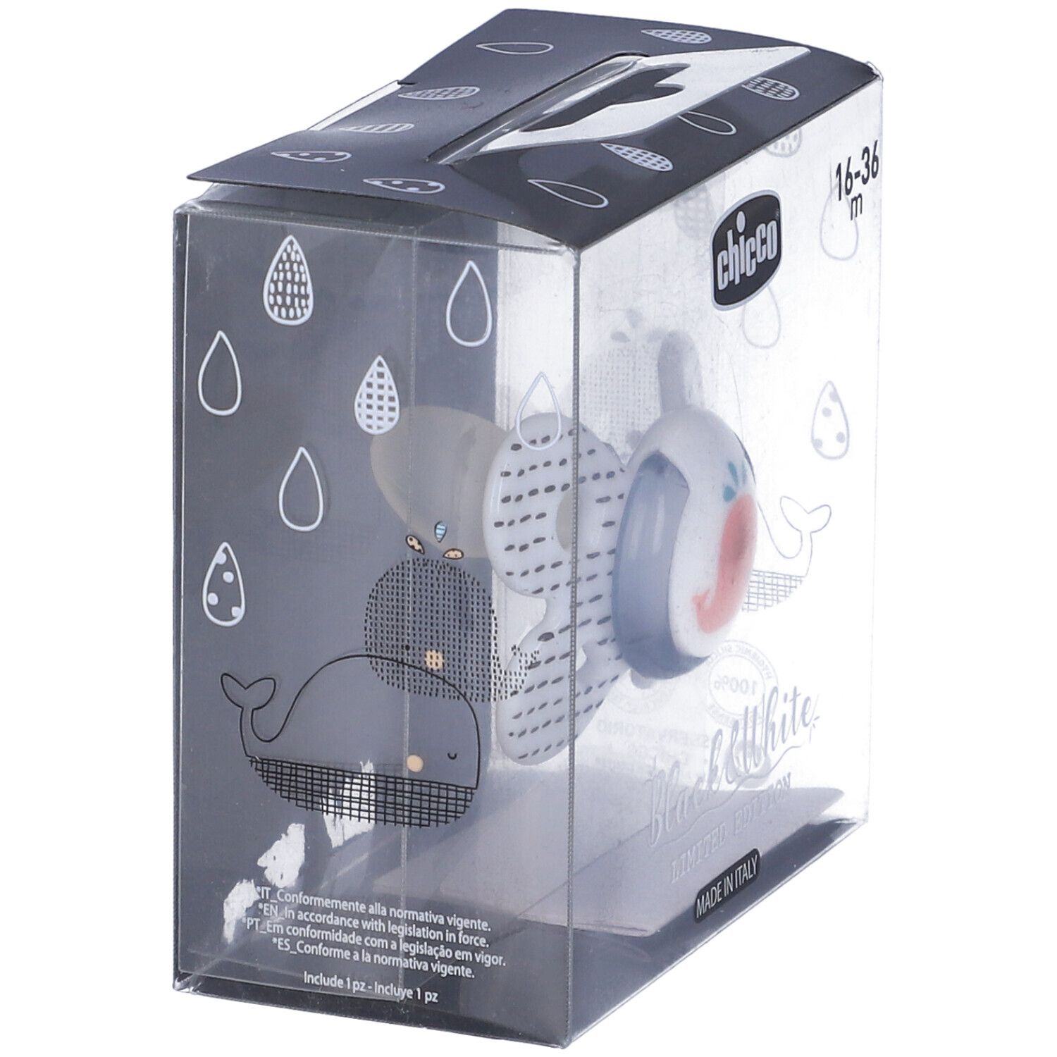 Confezione con succhietto. Design bianco e nero con balena. Marca Chicco, età 16-36 mesi. Edizione limitata.