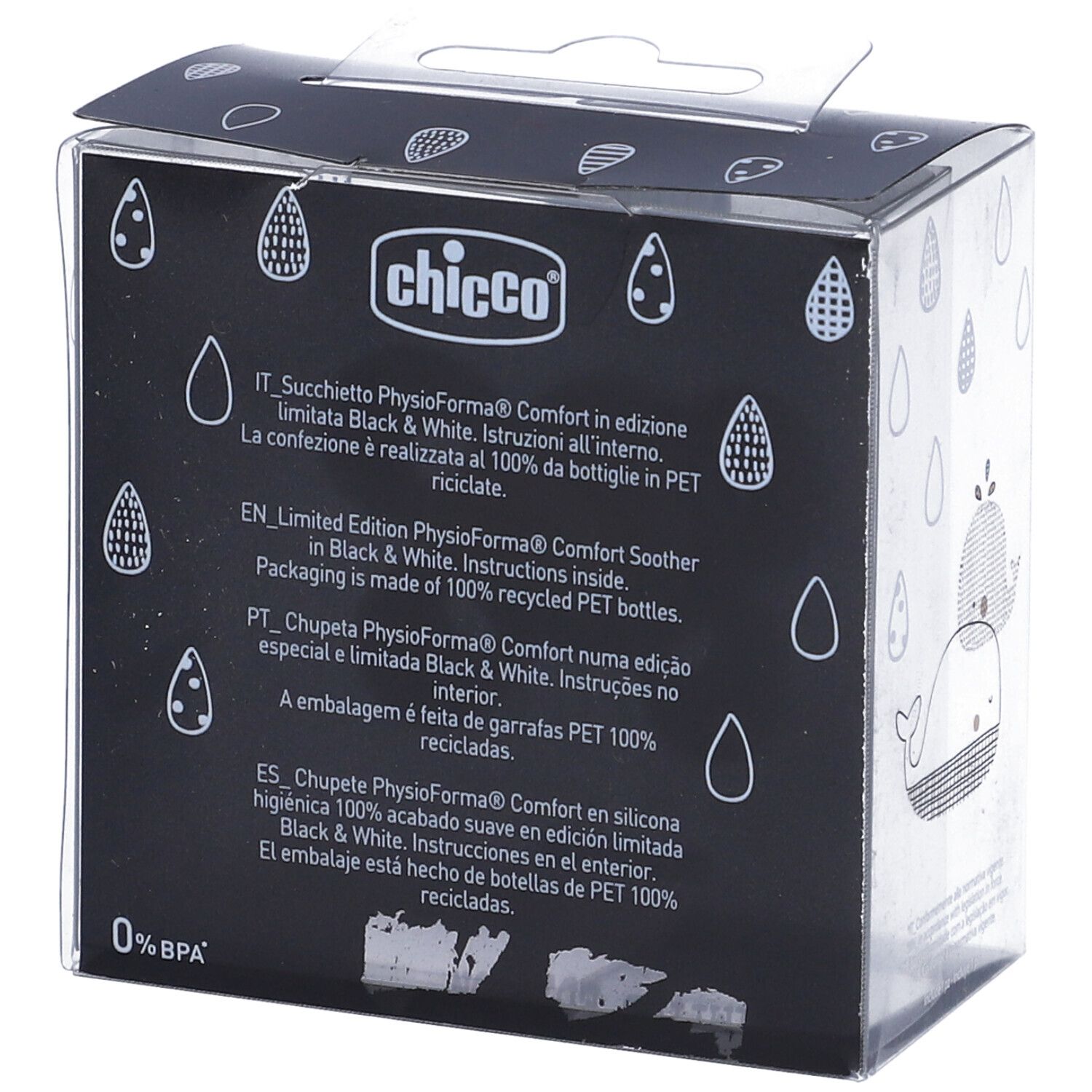 Retro della confezione. Testo multilingue. Marca Chicco. Età 16-36 mesi. Bottiglie PET riciclate.