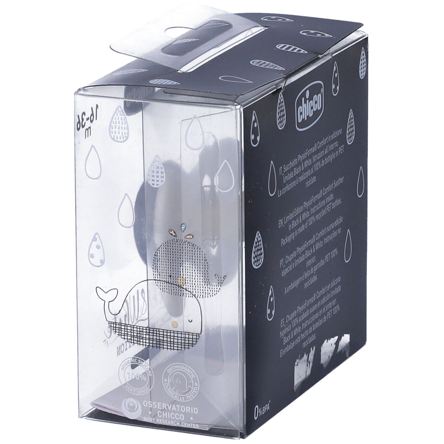 Confezione con succhietto. Design bianco e nero con balena. Marca Chicco, età 16-36 mesi. Edizione limitata.