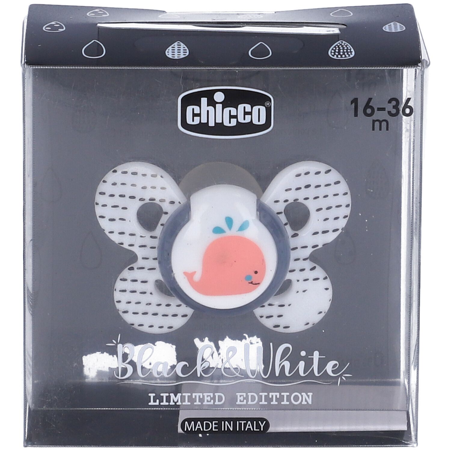 Succhietto in confezione. Design bianco e nero con balena. Marca Chicco, età 16-36 mesi. Edizione limitata.