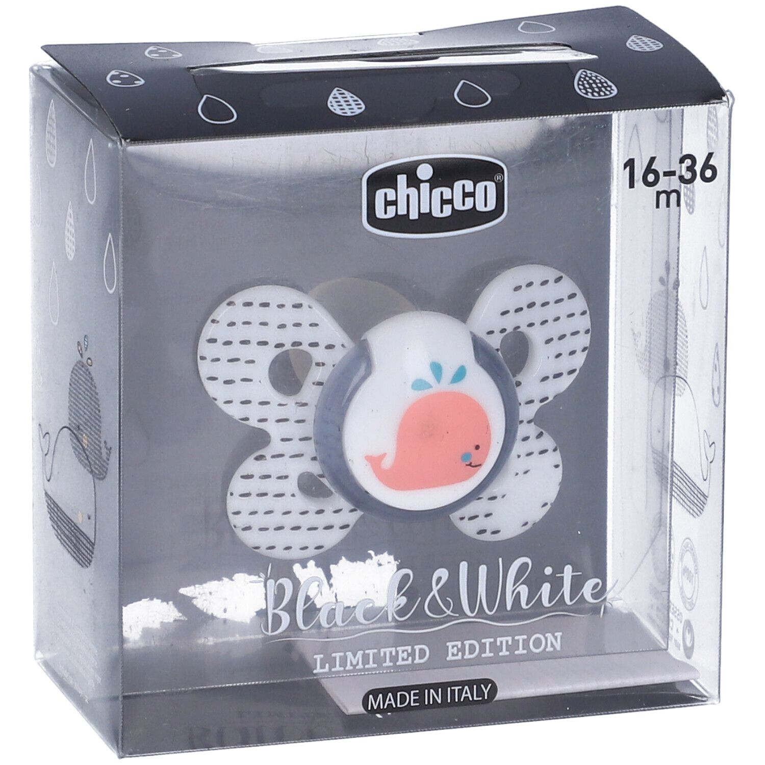 Succhietto in confezione. Design bianco e nero con balena. Marca Chicco, età 16-36 mesi. Edizione limitata.