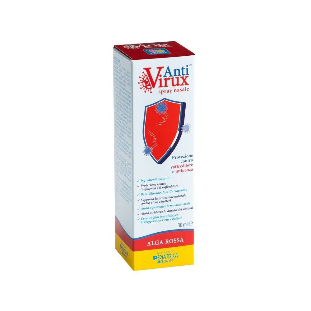 Scatola con logo scudo rosso. Testo: Anti Virux, Spray Nasale. Contiene ingredienti. 30 ml.