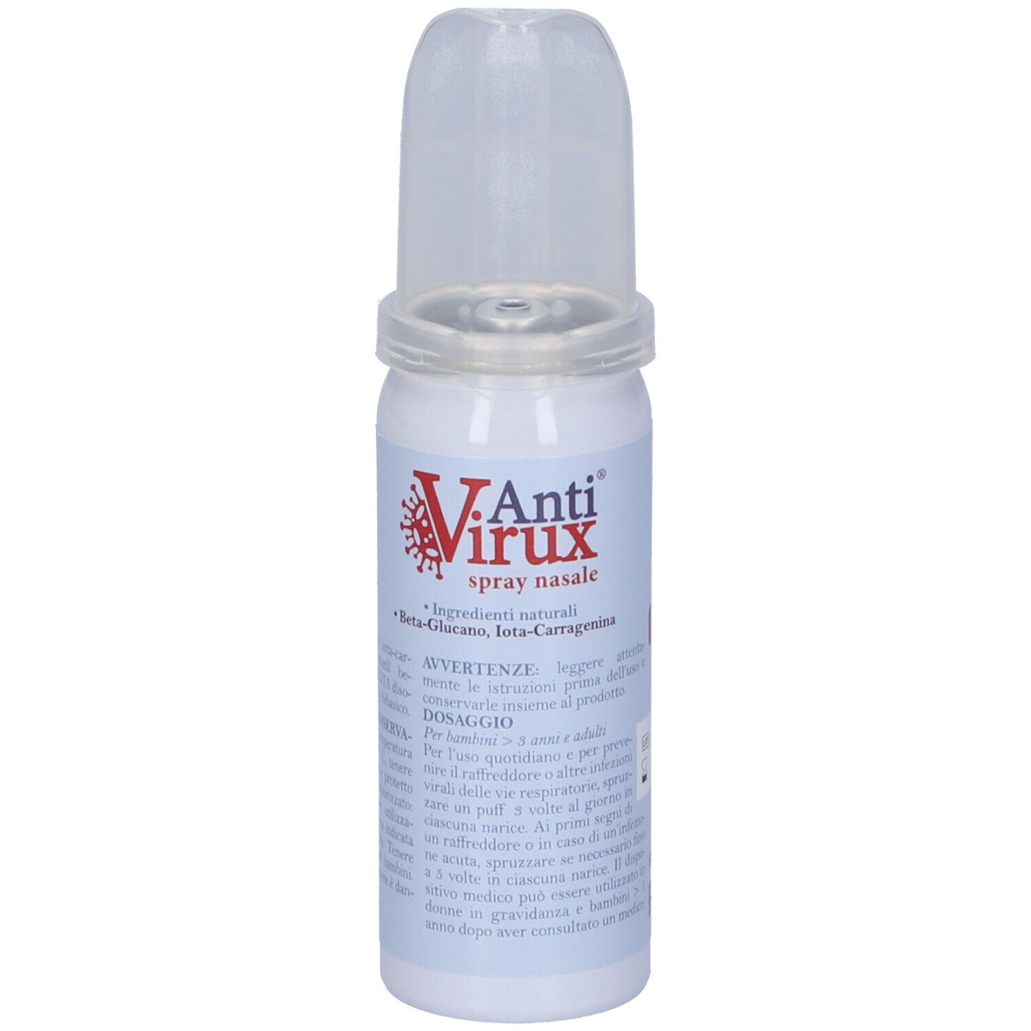 Flacone spray nasale con erogatore. Testo: Anti Virux, Spray Nasale. Contiene Beta-Glucano, Iota-Carragenina.