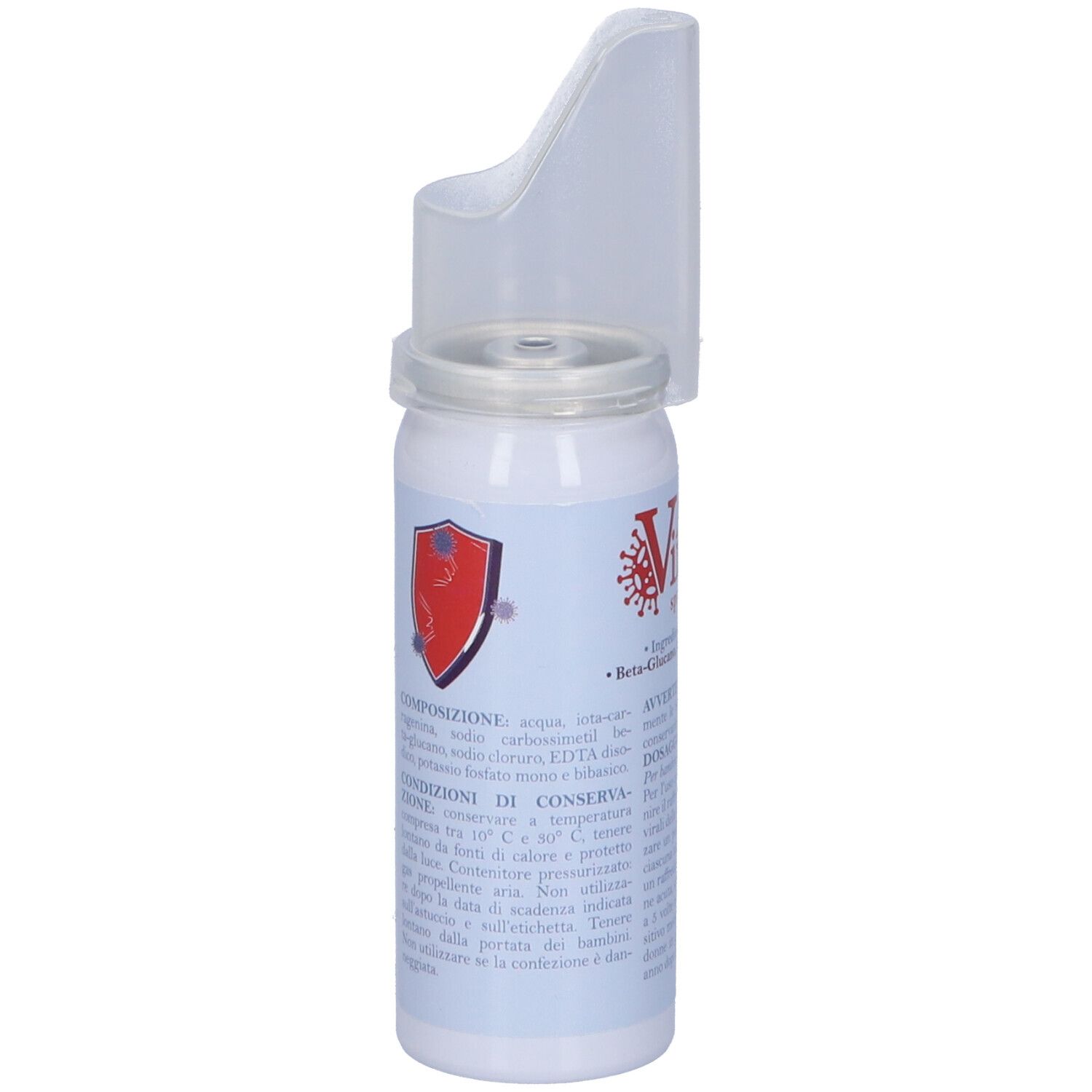 Flacone spray nasale con erogatore. Testo: Anti Virux, Spray Nasale. Contiene Beta-Glucano, Iota-Carragenina.