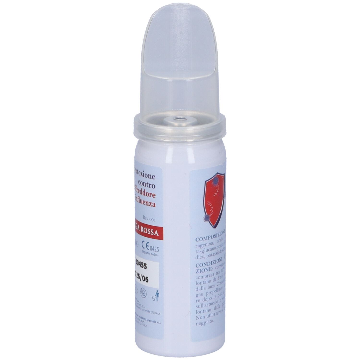 Flacone spray nasale con erogatore. Testo: Anti Virux, Spray Nasale. Contiene Beta-Glucano, Iota-Carragenina.