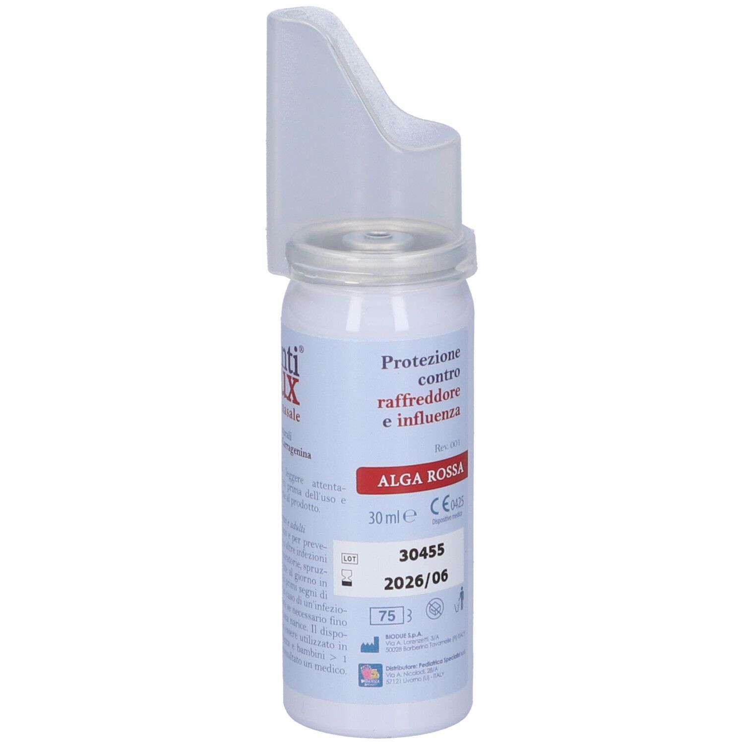 Flacone spray nasale con erogatore. Testo: Anti Virux, Spray Nasale. Contiene Beta-Glucano, Iota-Carragenina.