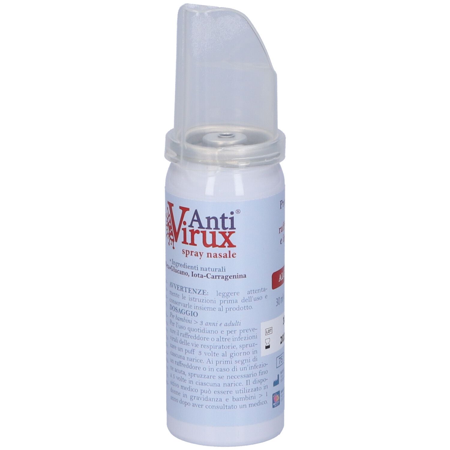 Flacone spray nasale con erogatore. Testo: Anti Virux, Spray Nasale. Contiene Beta-Glucano, Iota-Carragenina.