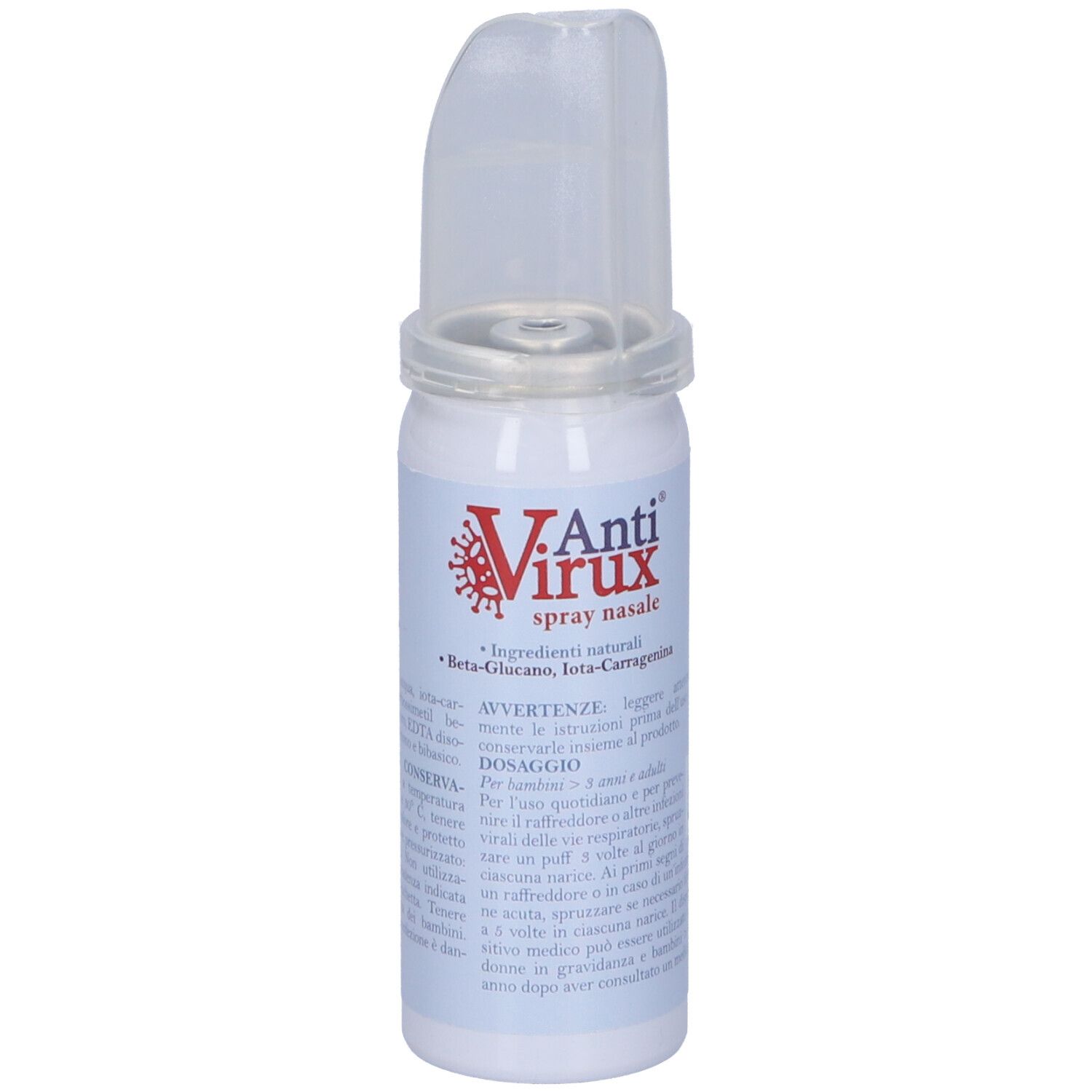 Flacone spray nasale con erogatore. Testo: Anti Virux, Spray Nasale. Contiene Beta-Glucano, Iota-Carragenina.