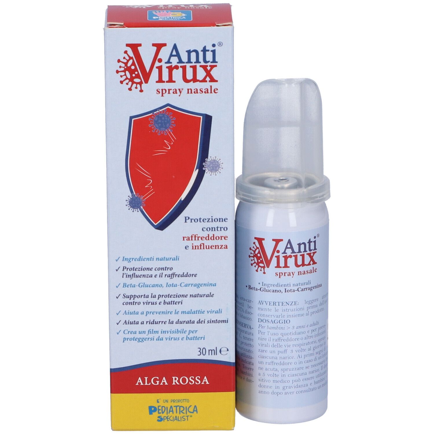 Prodotto e confezione. Testo: Anti Virux, Spray Nasale. Contiene Beta-Glucano, Iota-Carragenina. 30 ml.