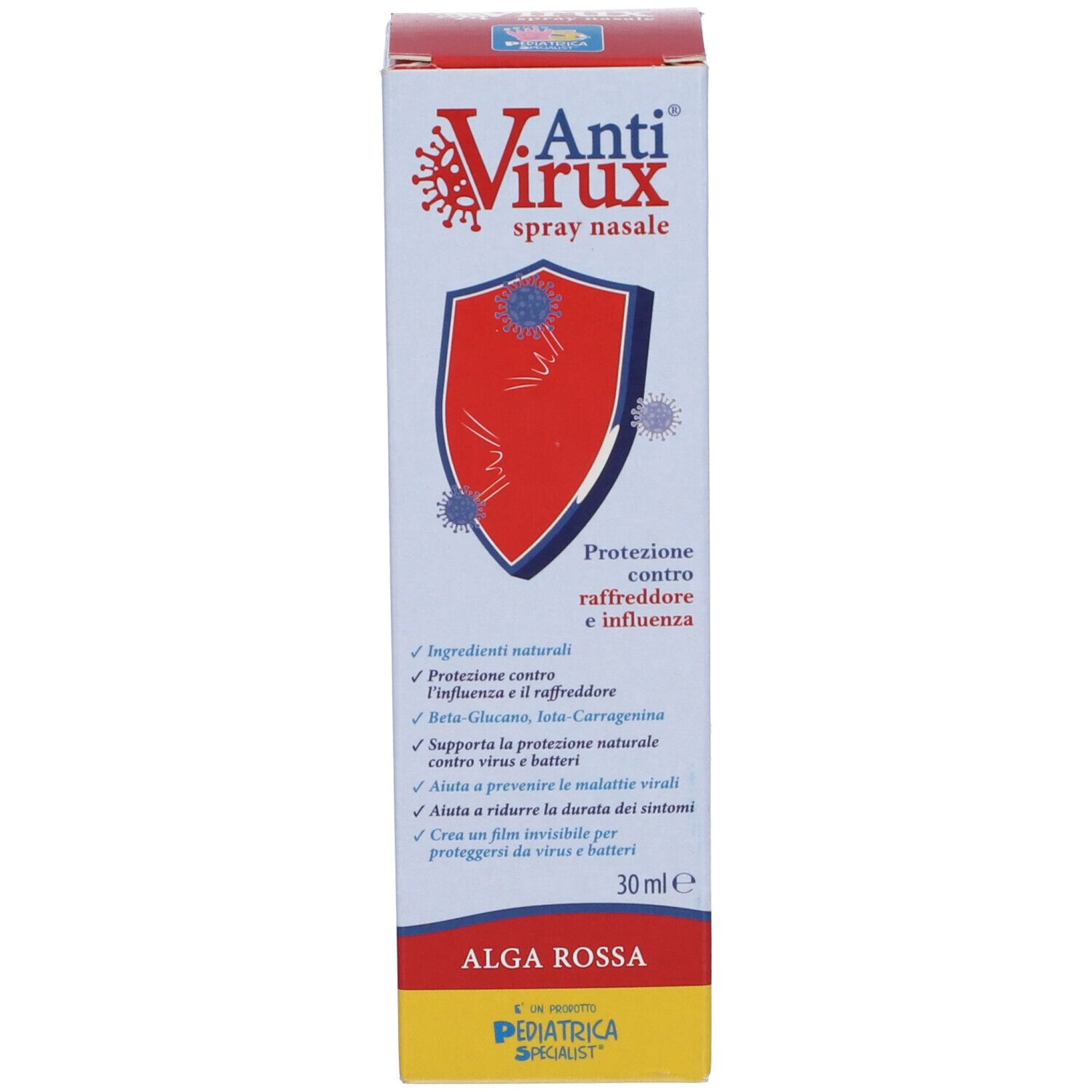 Scatola con prodotto. Testo: Anti Virux, Spray Nasale. Contiene Beta-Glucano, Iota-Carragenina. 30 ml.