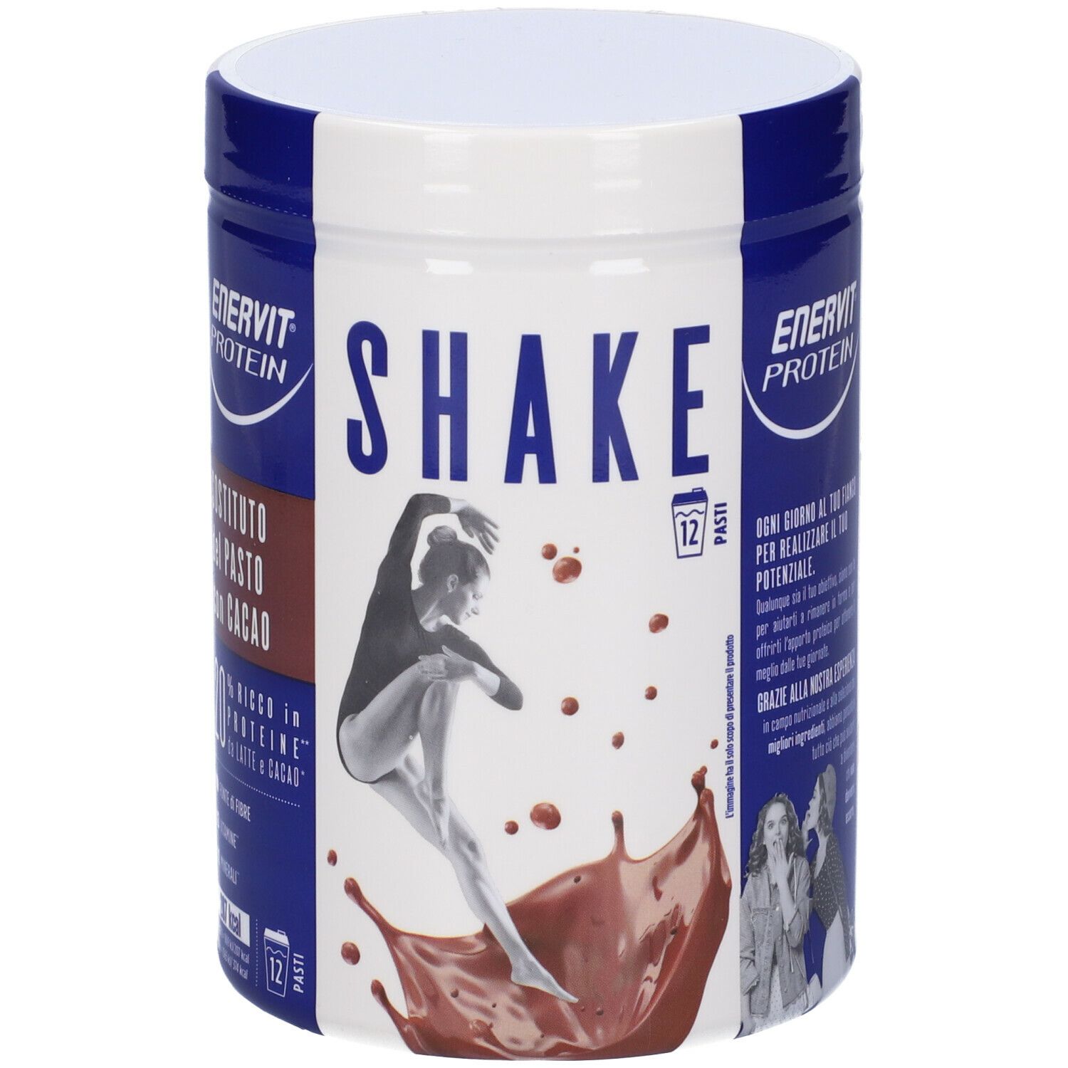 Barattolo cilindrico ENERVIT PROTEIN Shake Cacao. Contiene 12 porzioni. Immagine di ballerina e spruzzi di cioccolato.