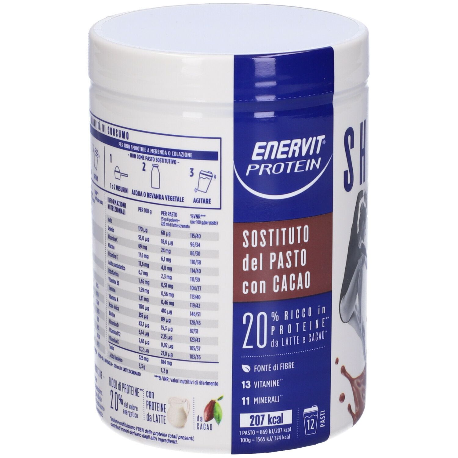 Barattolo cilindrico ENERVIT PROTEIN Shake Cacao. Contiene 12 porzioni. Retro con informazioni nutrizionali e preparazione.