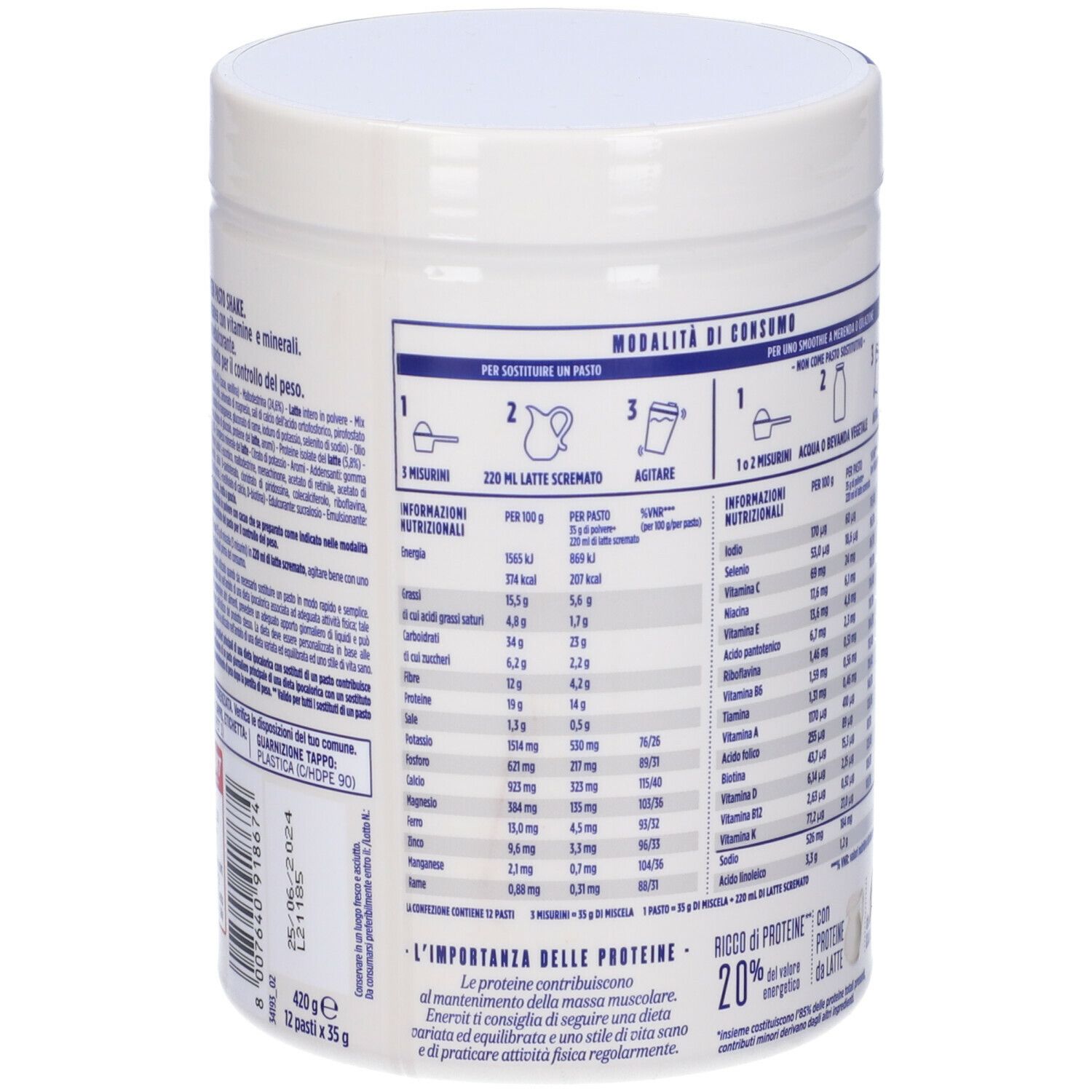 Barattolo cilindrico ENERVIT PROTEIN Shake Cacao. Contiene 12 porzioni. Retro con informazioni nutrizionali e preparazione.