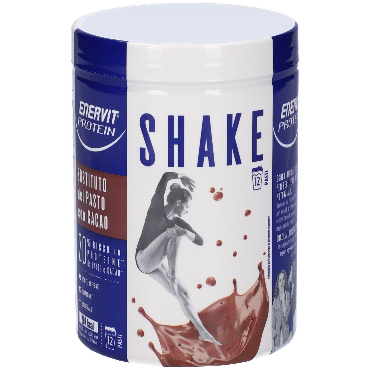 Barattolo cilindrico ENERVIT PROTEIN Shake Cacao. Contiene 12 porzioni. Immagine di ballerina e spruzzi di cioccolato.