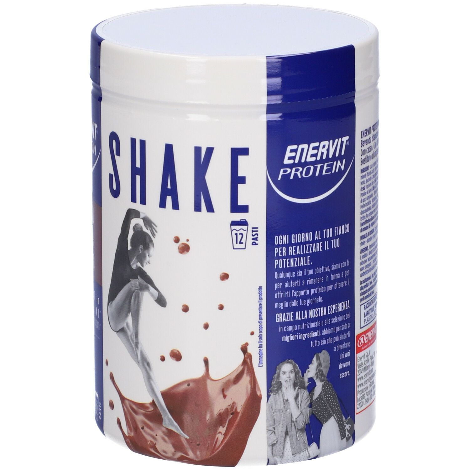 Barattolo cilindrico ENERVIT PROTEIN Shake Cacao. Contiene 12 porzioni. Immagine di ballerina e spruzzi di cioccolato.