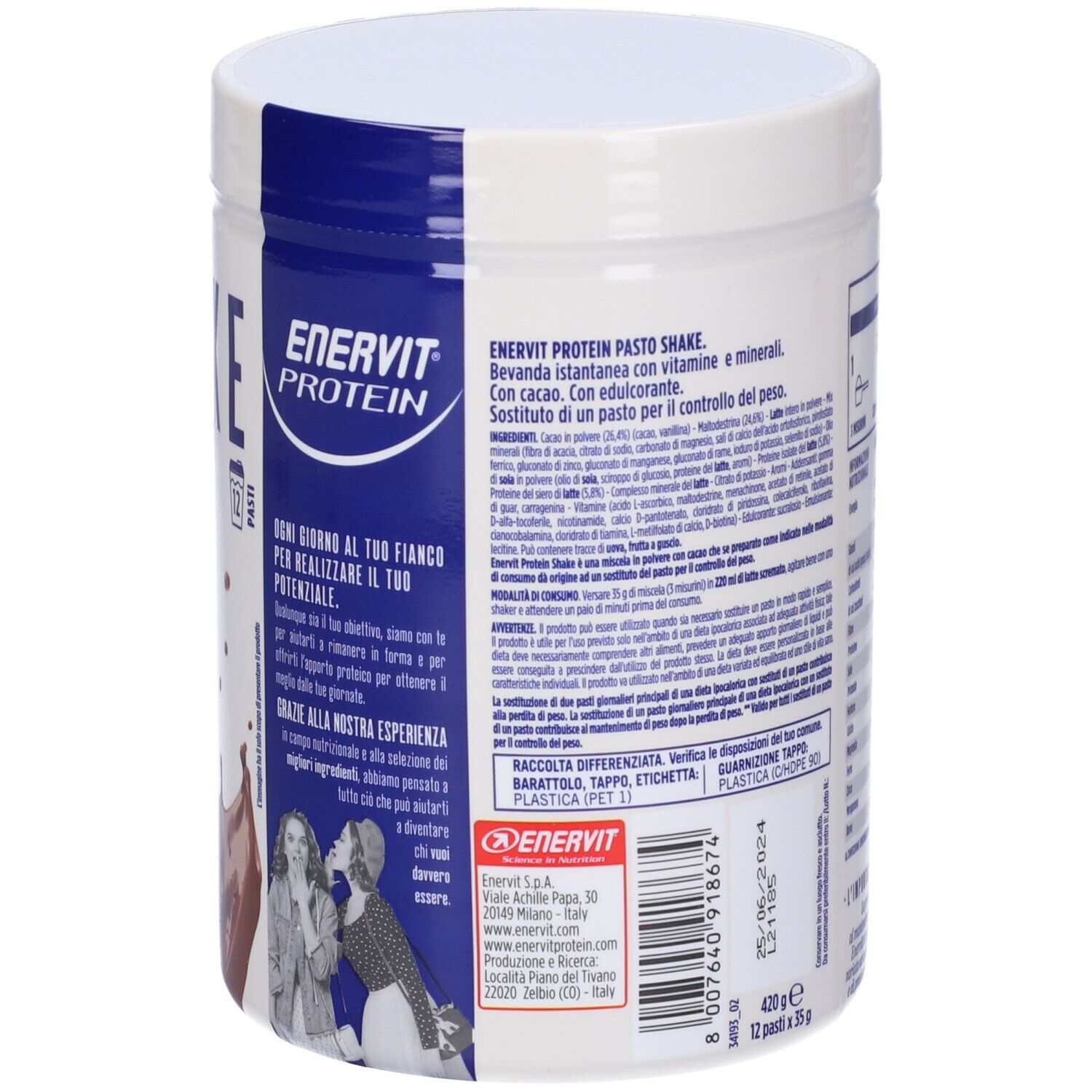 Barattolo cilindrico ENERVIT PROTEIN Shake Cacao. Contiene 12 porzioni. Retro con testo e informazioni nutrizionali.