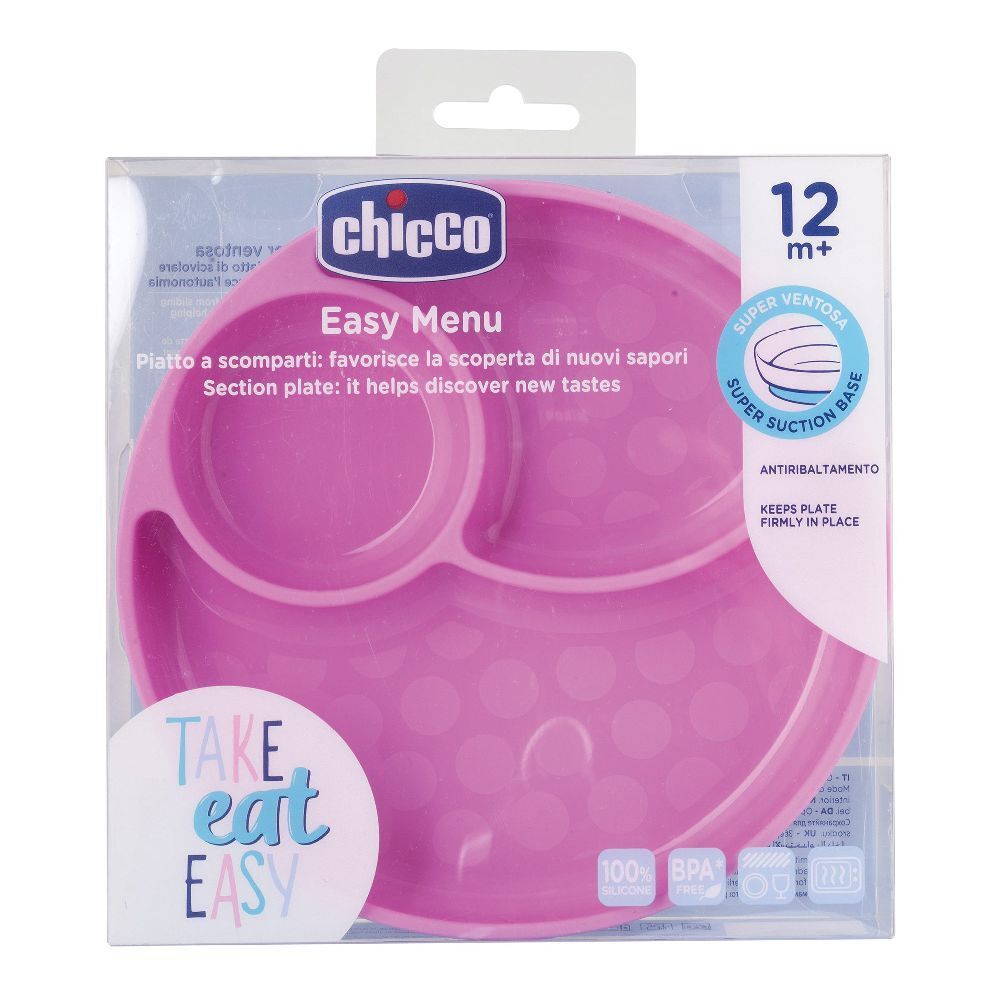Piatto rosa Chicco Easy Menu con scomparti, in confezione. 12m+.