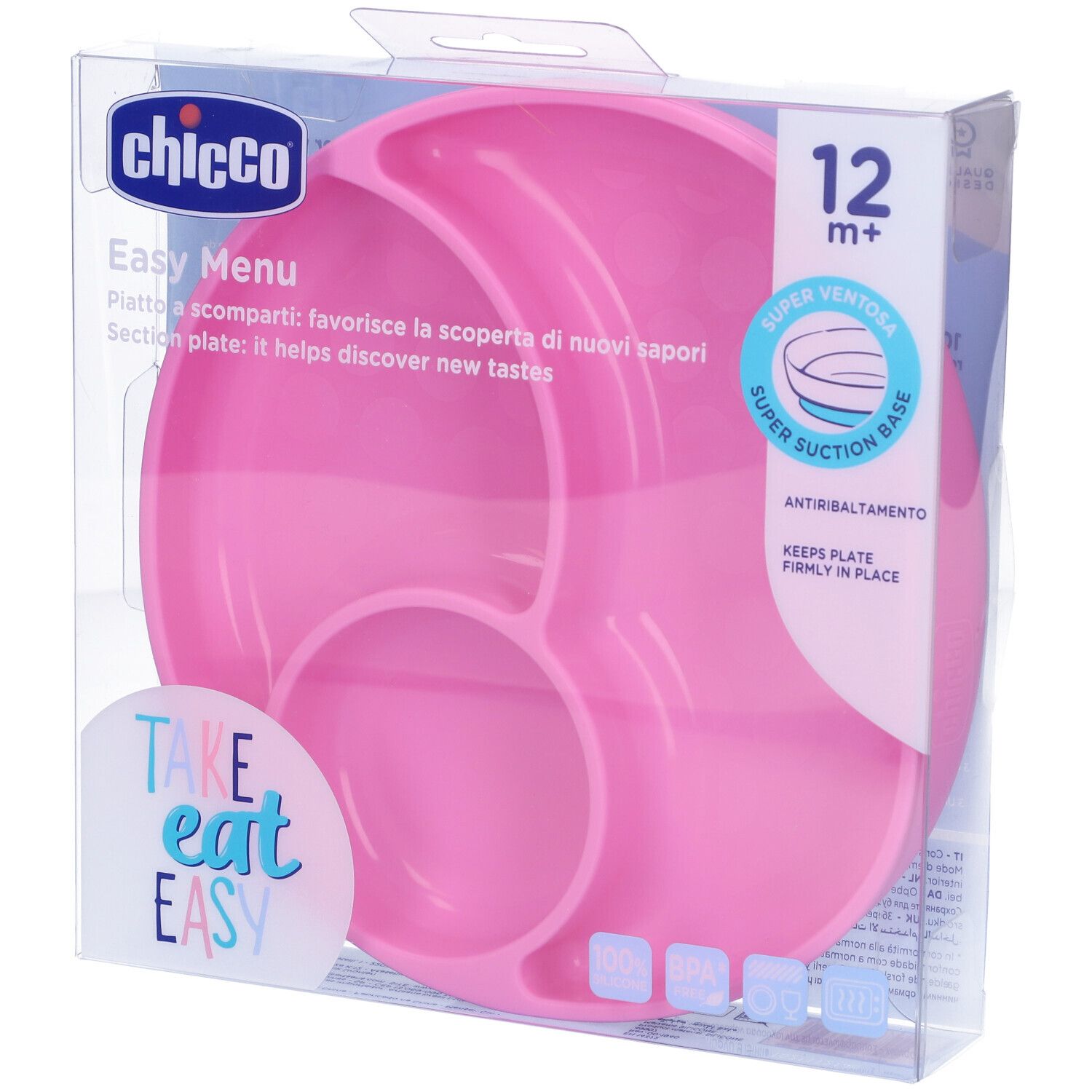Piatto rosa Chicco Easy Menu in confezione. Tre scomparti, 12m+.
