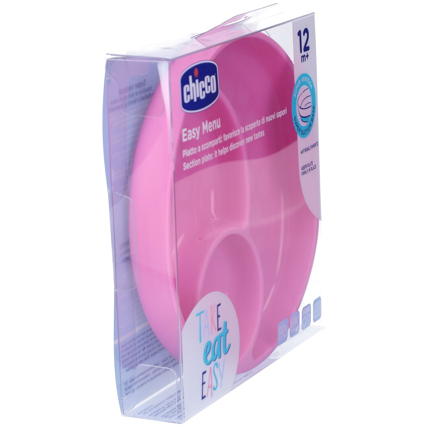 Piatto rosa Chicco Easy Menu in confezione. Tre scomparti, 12m+.