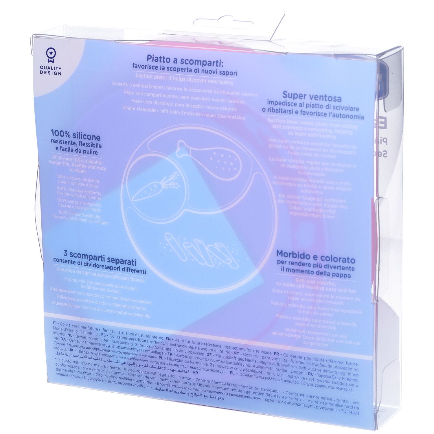 Retro confezione piatto rosa Chicco Easy Menu. 100% silicone, 3 scomparti.