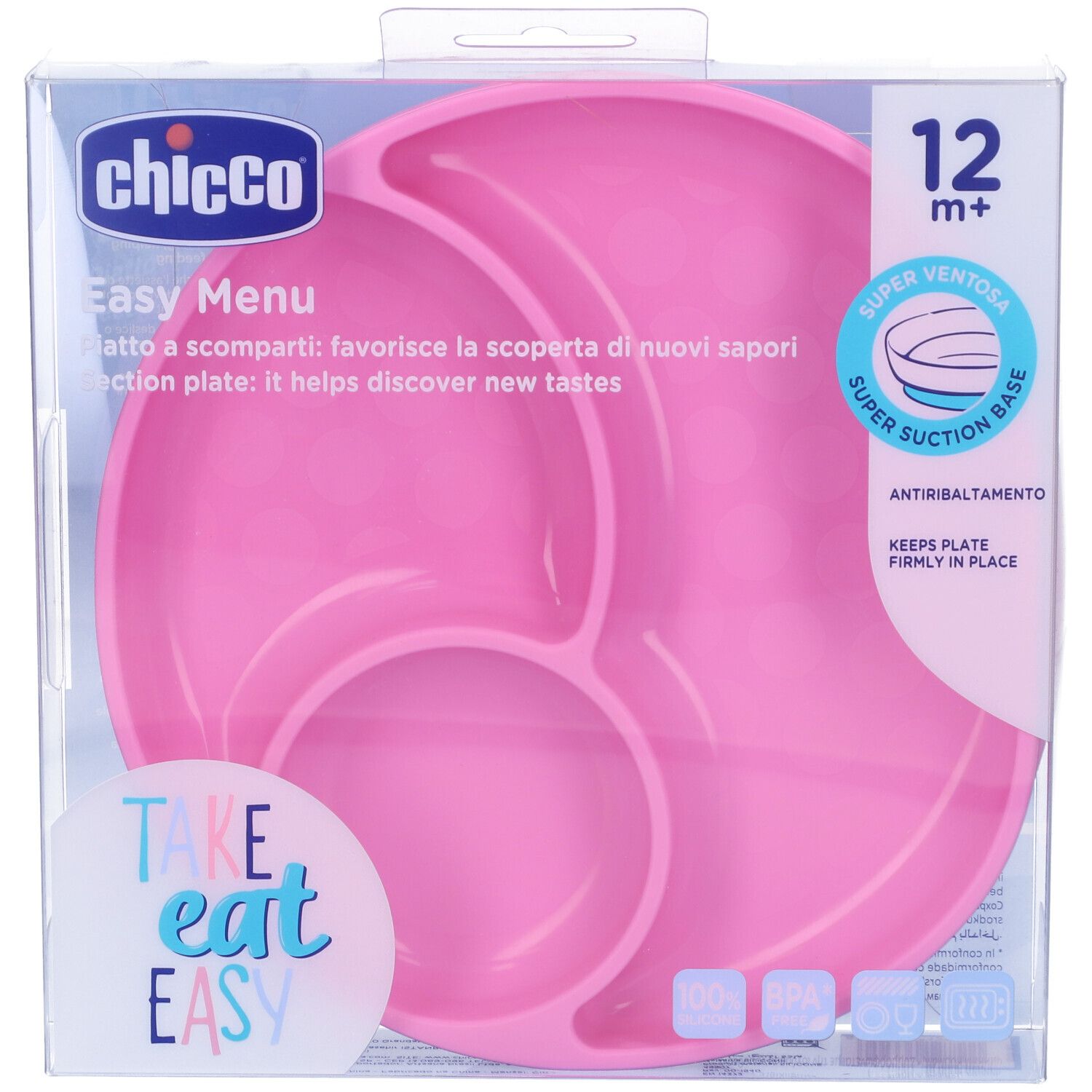 Piatto rosa Chicco Easy Menu con scomparti, in confezione. 12m+.