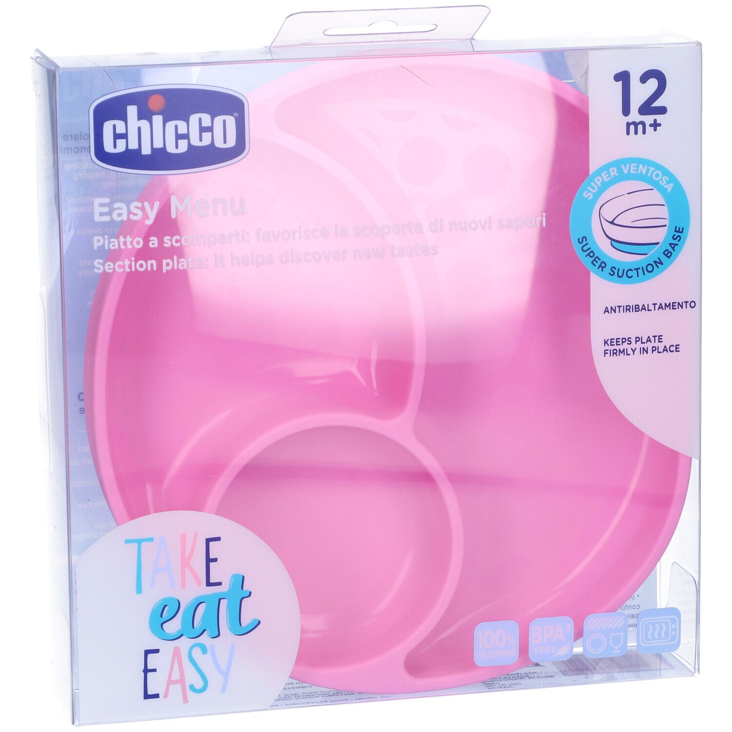 Piatto rosa Chicco Easy Menu con scomparti, in confezione. 12m+.