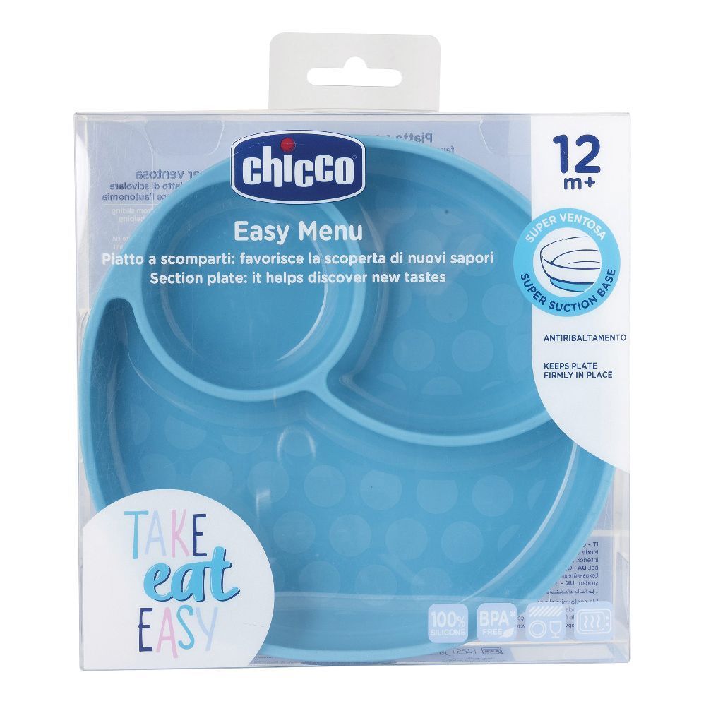 Piatto blu per bambini con tre scomparti, in confezione. Marchio Chicco, Easy Menu. Ventosa.