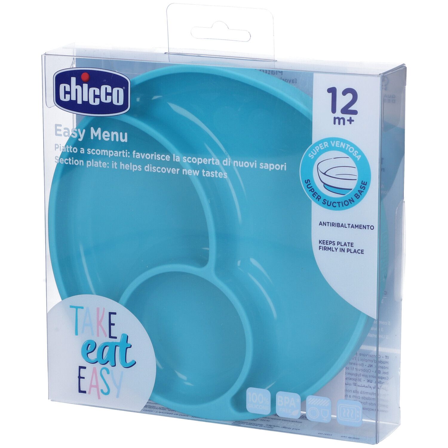 Piatto blu per bambini con tre scomparti, in confezione. Marchio Chicco, Easy Menu. Ventosa.