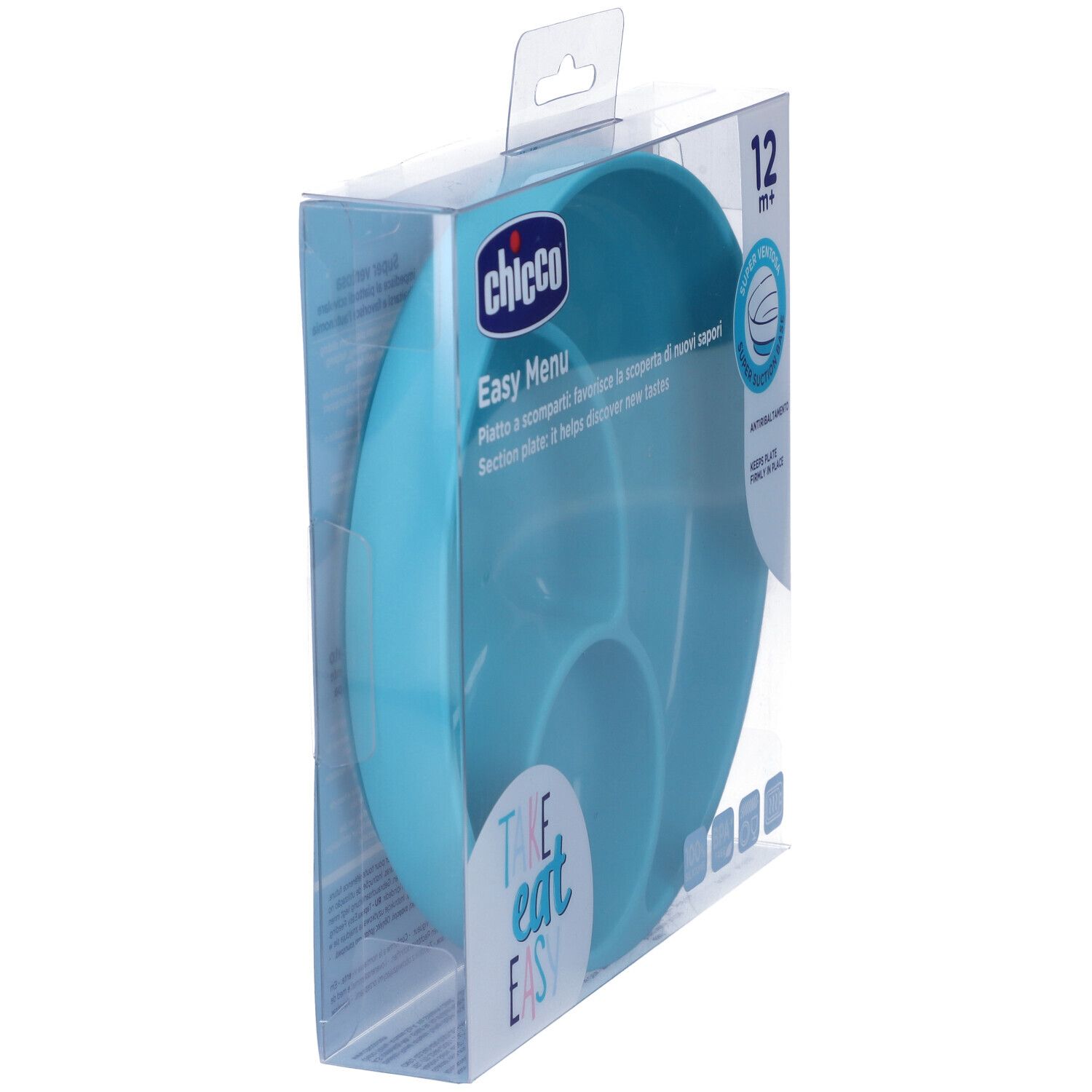 Piatto blu per bambini con tre scomparti, in confezione. Marchio Chicco, Easy Menu. Ventosa.