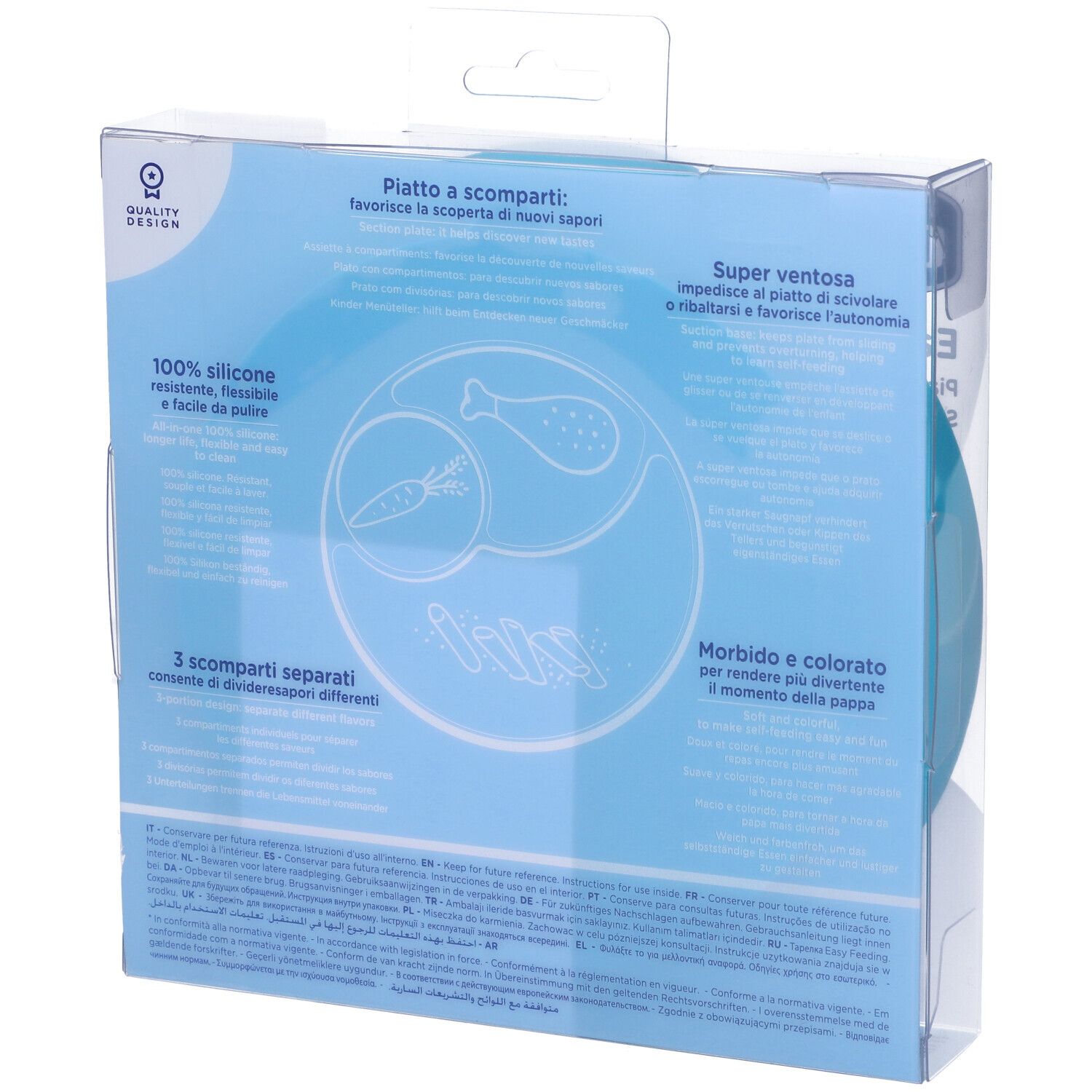 Retro della confezione di un piatto blu per bambini. Testo: 100% silicone, 3 scomparti, ventosa.