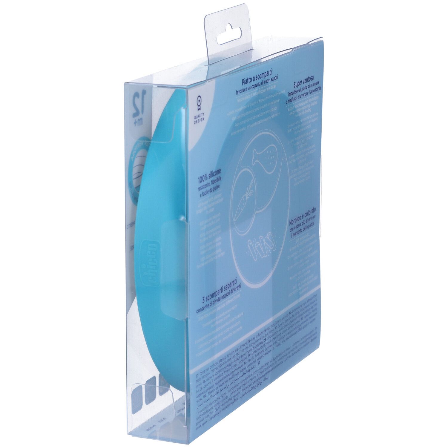Vista laterale della confezione di un piatto blu per bambini. Testo: 100% silicone, 3 scomparti, ventosa.
