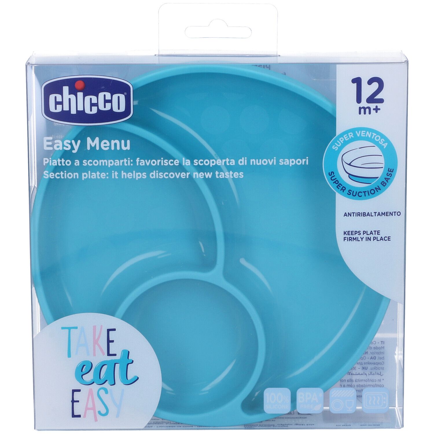 Piatto blu per bambini con tre scomparti, in confezione. Marchio Chicco, Easy Menu. Ventosa.