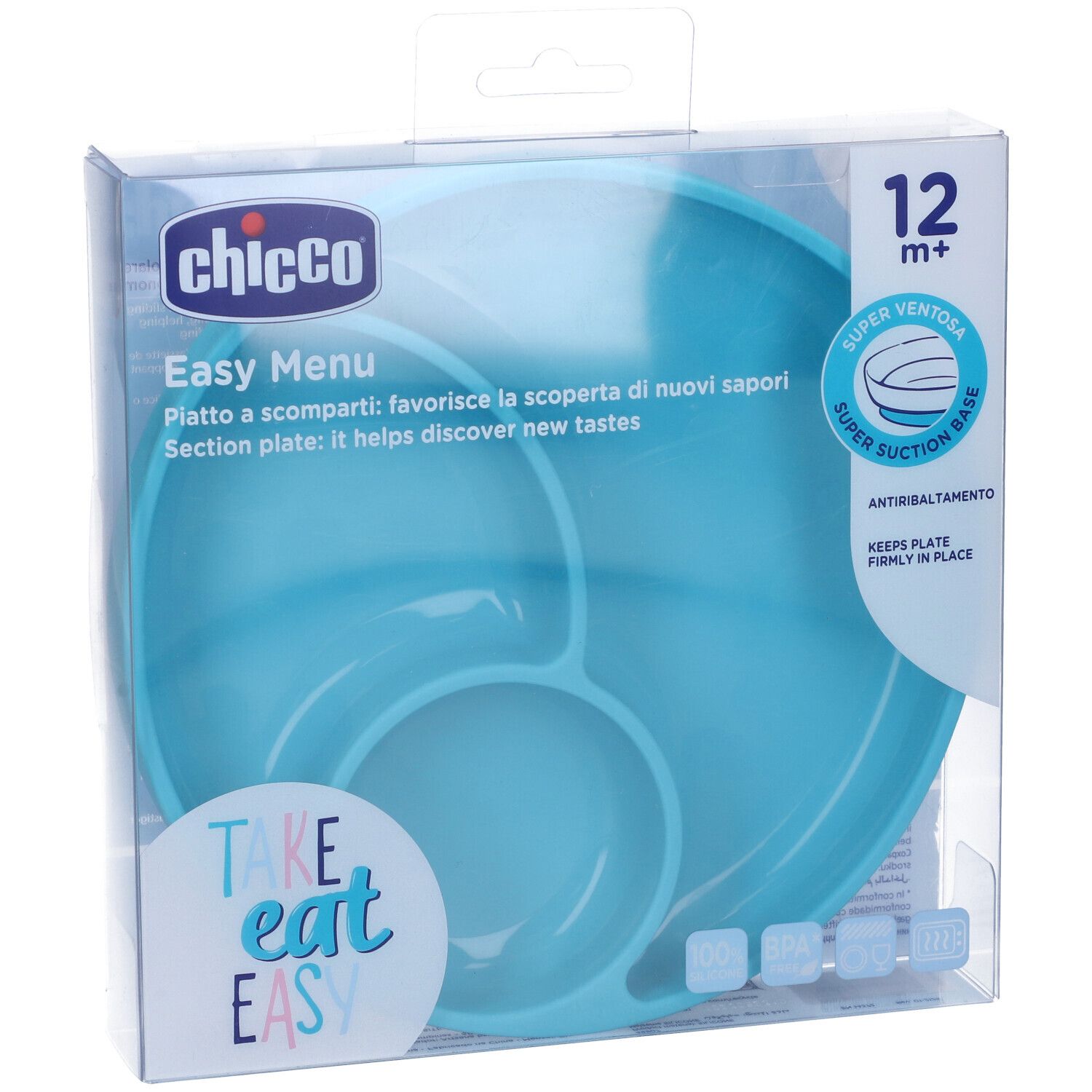 Piatto blu per bambini con tre scomparti, in confezione. Marchio Chicco, Easy Menu. Ventosa.