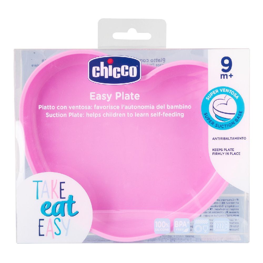 Piatto rosa a forma di cuore in confezione. Marchio Chicco, scritta 'Easy Plate'. Adatto dai 9 mesi. Con ventosa.