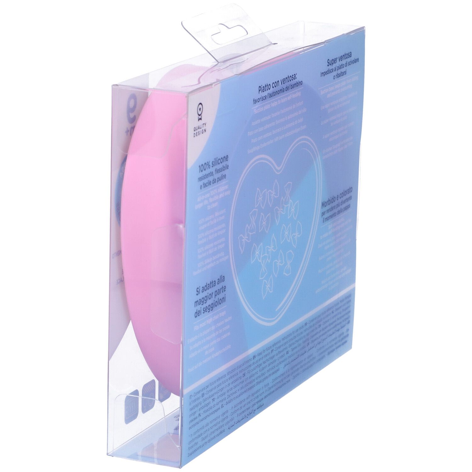 Confezione con piatto rosa a forma di cuore. Marchio Chicco. Testo: 'Piatto con ventosa'. Con ventosa. 100% silicone.