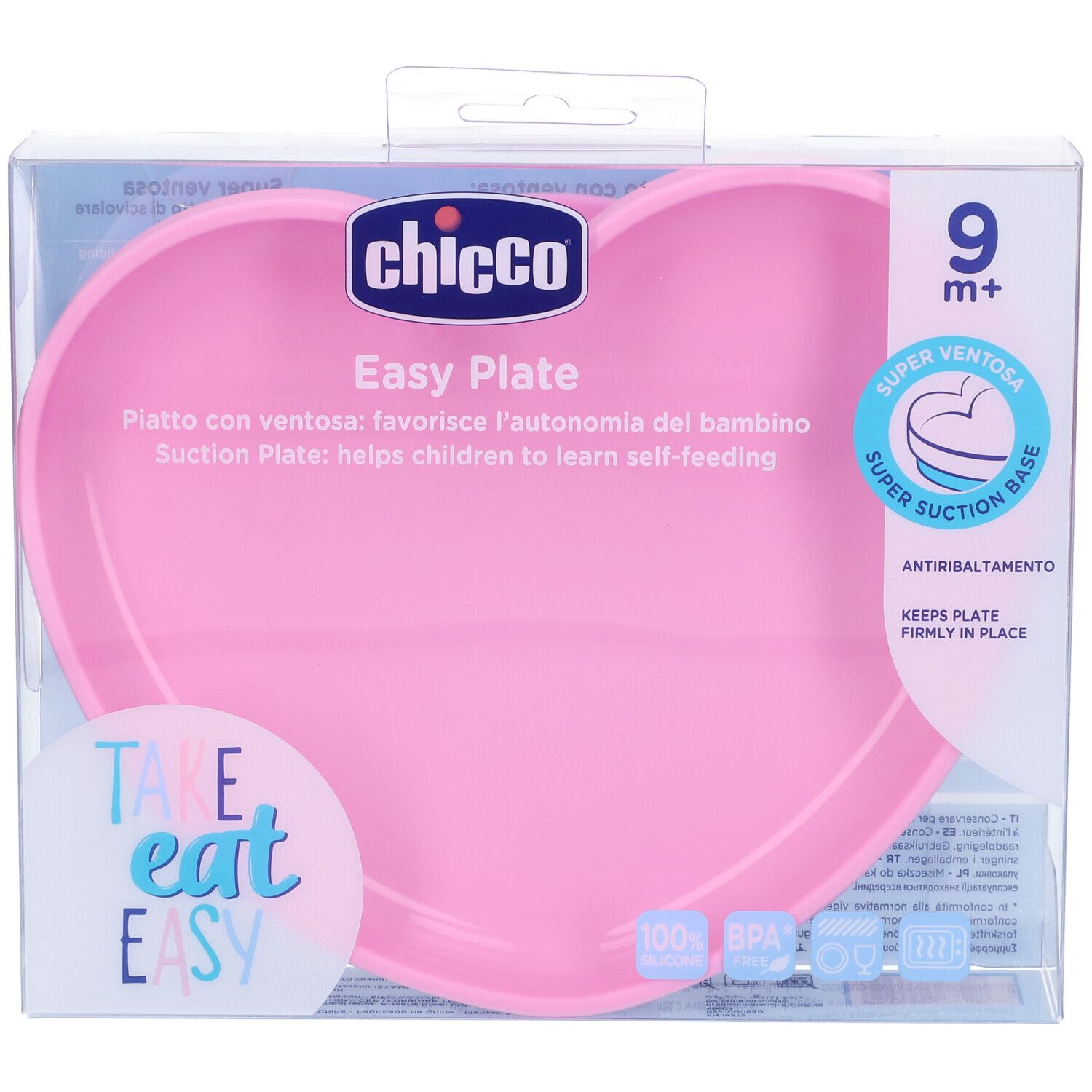 Piatto rosa a forma di cuore in confezione. Marchio Chicco, scritta 'Easy Plate'. Adatto dai 9 mesi. Con ventosa.