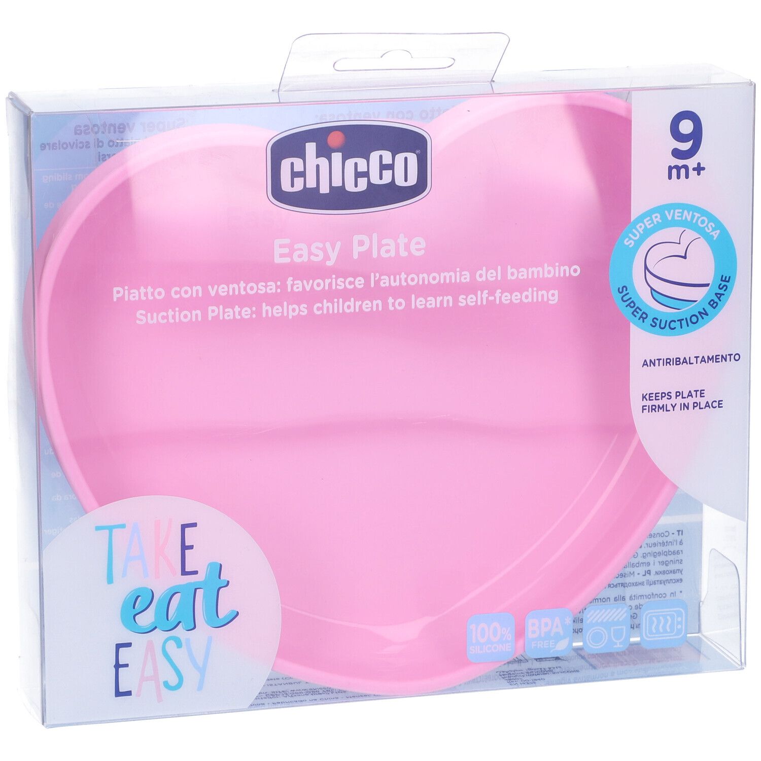 Piatto rosa a forma di cuore in confezione. Marchio Chicco, scritta 'Easy Plate'. Adatto dai 9 mesi. Con ventosa.