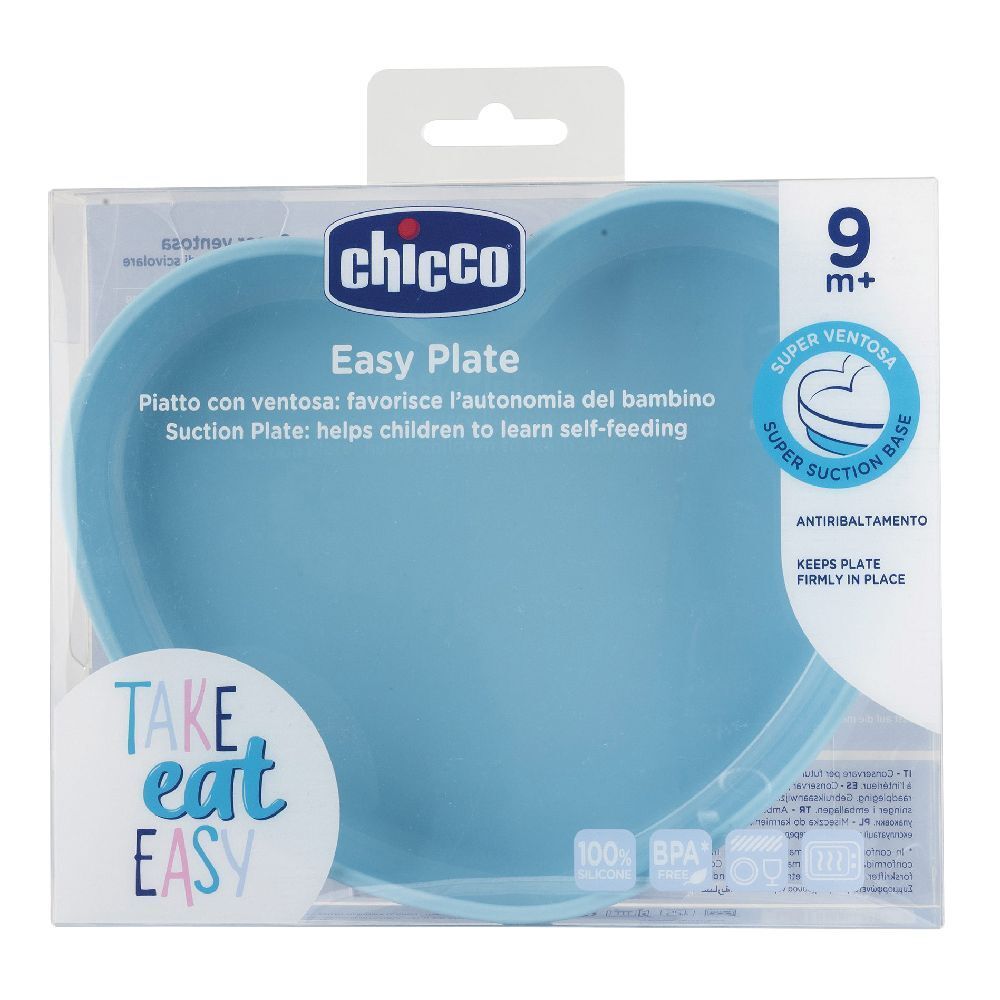 Piatto a forma di cuore azzurro in confezione. Marchio Chicco, testo: Easy Plate, 9m+.
