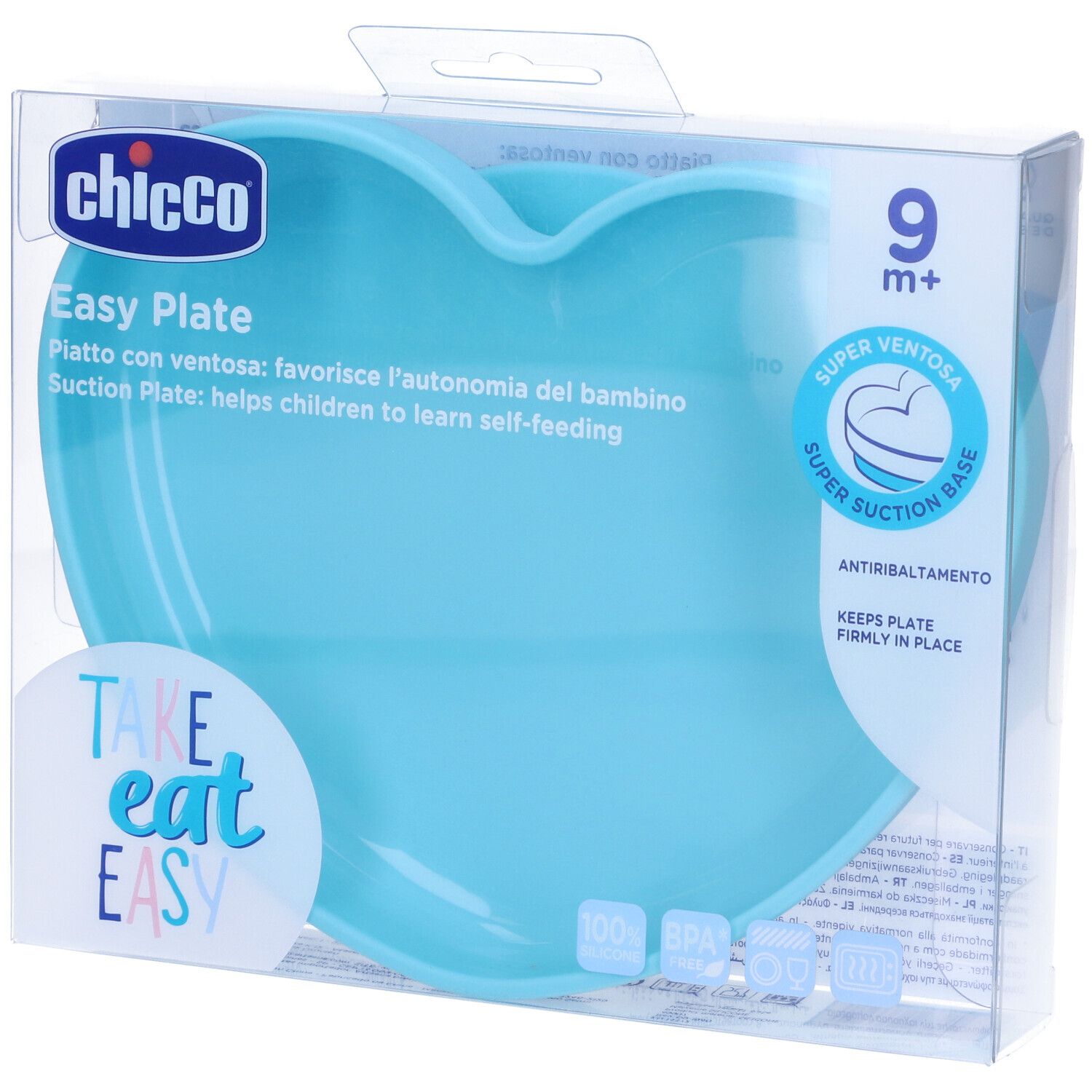 Piatto a forma di cuore azzurro per bambini in confezione. Marchio Chicco, testo: Easy Plate, 9m+.