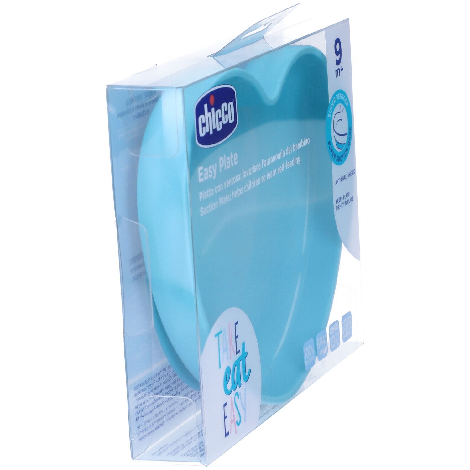 Piatto a forma di cuore azzurro per bambini in confezione. Marchio Chicco, testo: Easy Plate, 9m+.
