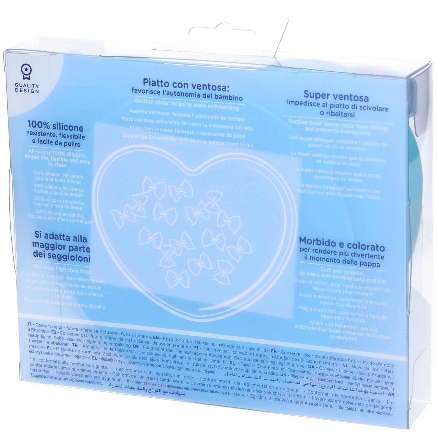 Retro della confezione. Piatto a forma di cuore azzurro. Testo: 100% silicone, Quality Design.