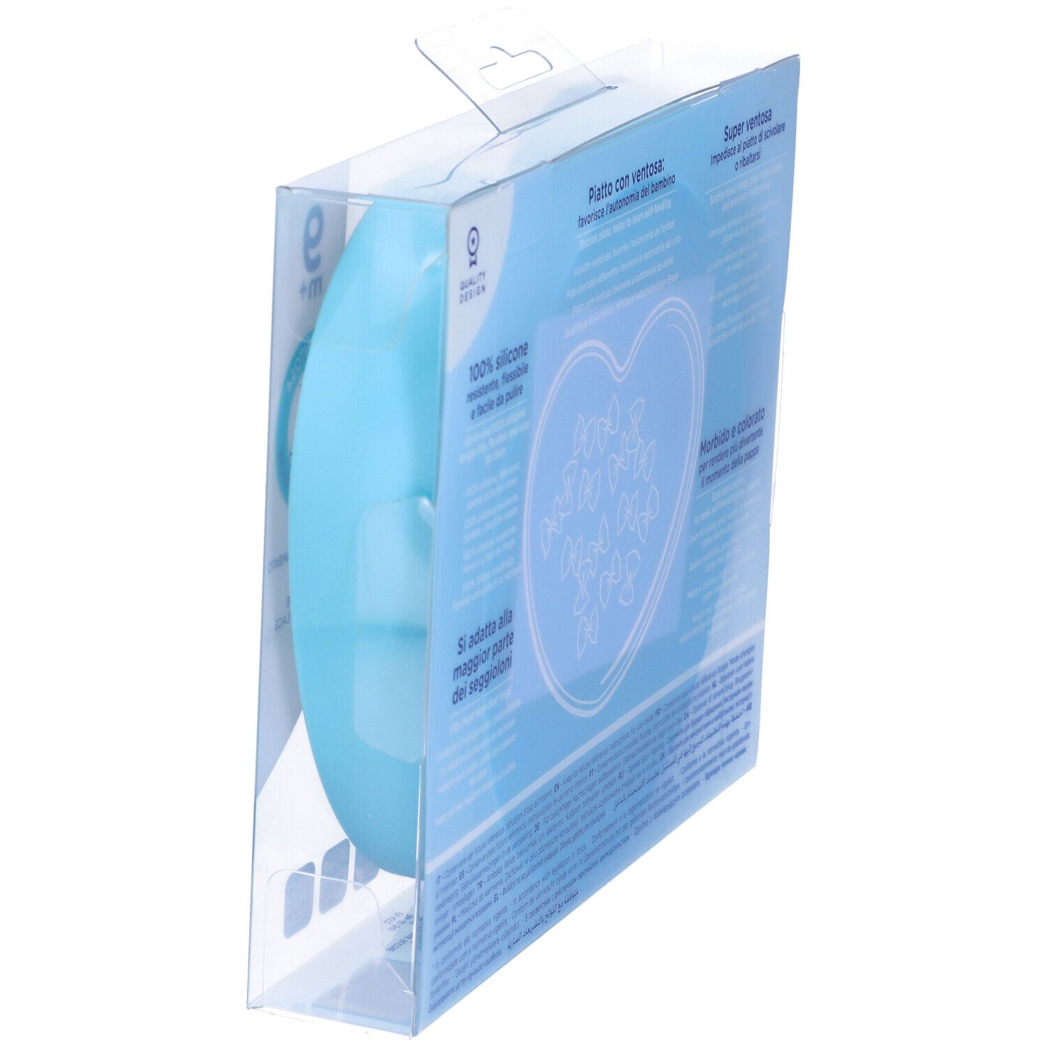 Piatto a forma di cuore azzurro per bambini in confezione. Marchio Chicco, testo: Easy Plate, 9m+.