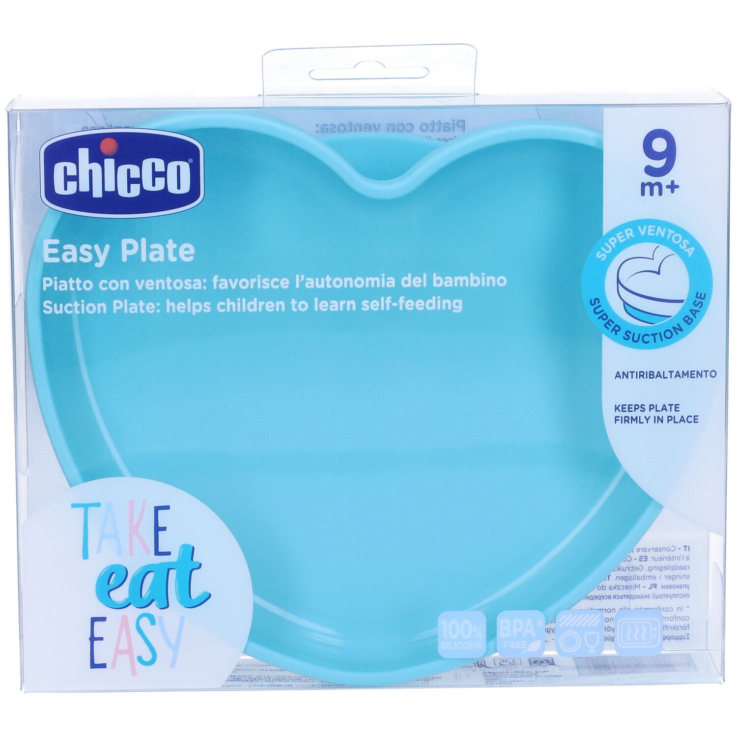 Piatto a forma di cuore azzurro in confezione. Marchio Chicco, testo: Easy Plate, 9m+.